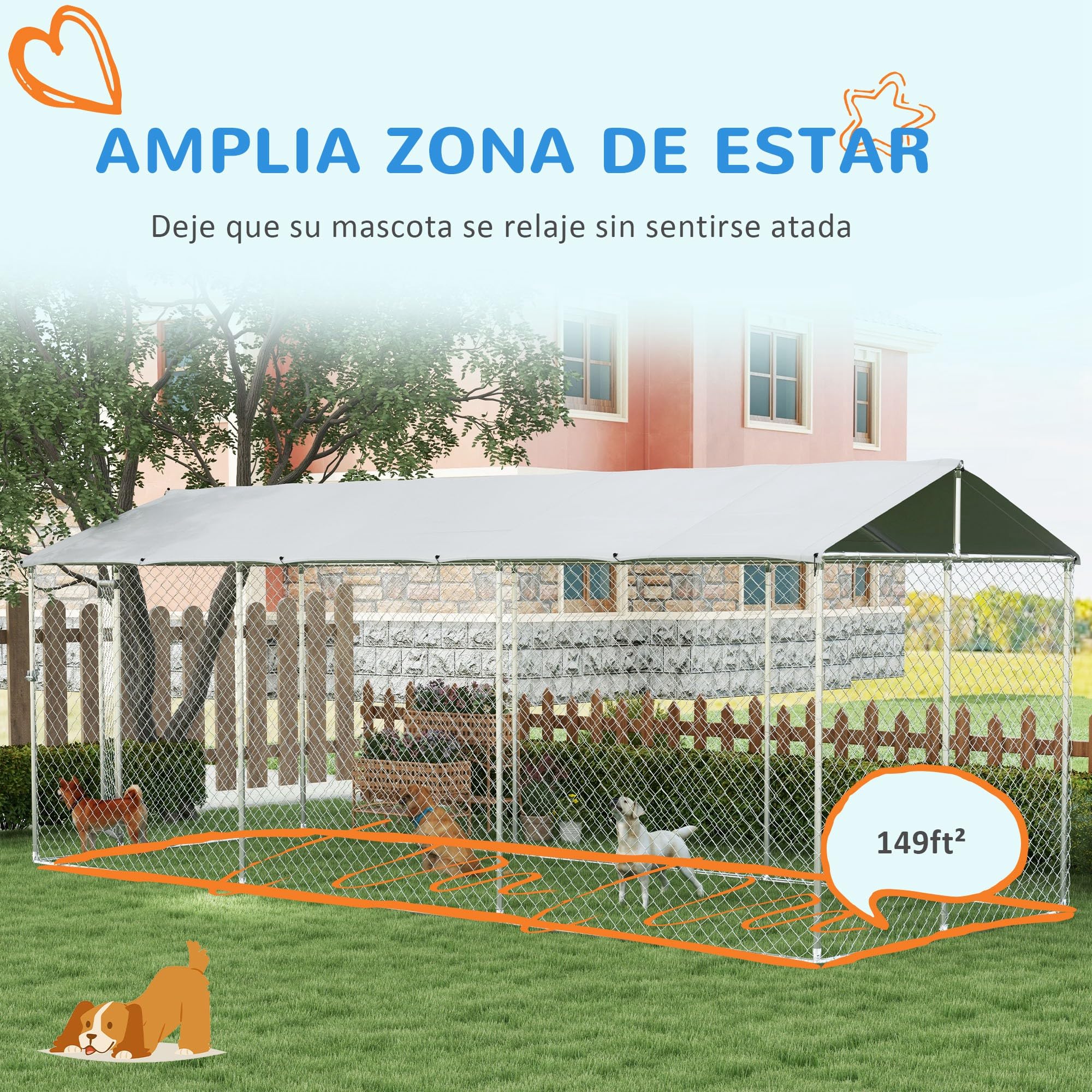 PawHut Perrera Jaula para Perros de Exterior con Puerta Perrera para Perros con Marco de Acero Toldo Impermeable y Anti-UV 600x230x230 cm Plata