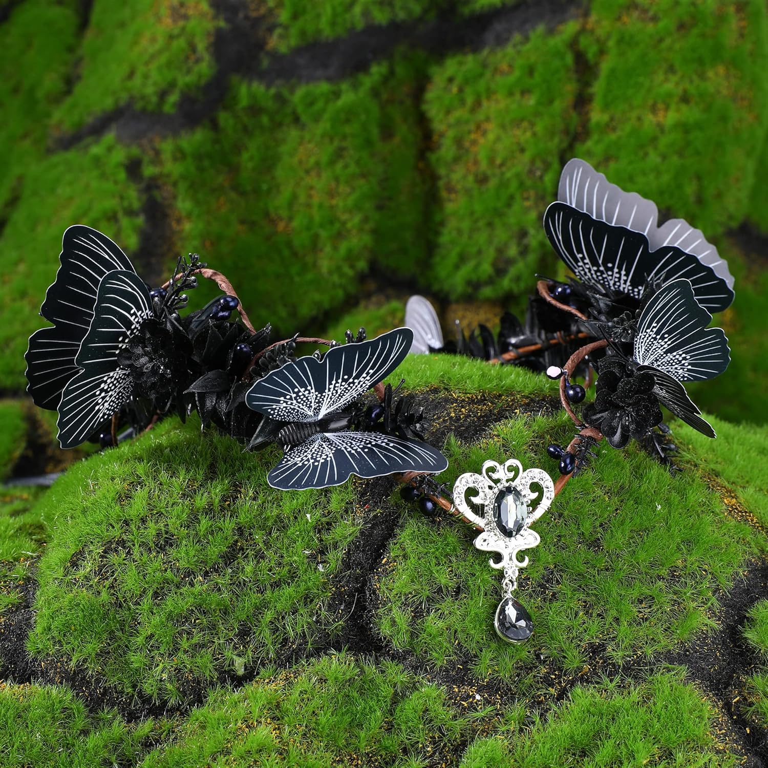 MOSTORY Handmade Dark Fairy Crown Black Butterfly Headpiece Woodland Elf Circlet Gothic Floral Tiara Headband for Women Girls Cosplay Wedding Birthday Renaissance Halloween - Image 5
