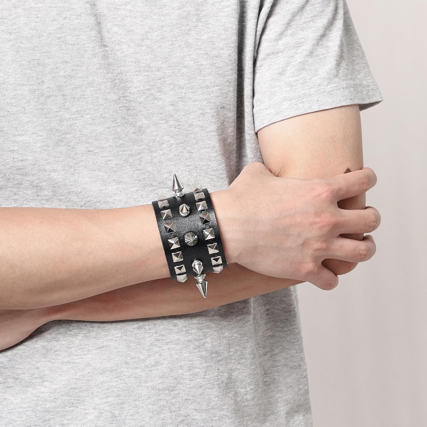 Manfnee PU Leather Braclet for Man Women Goth Punk Rock Leather Cuff Studded Wristband Black - Image 2