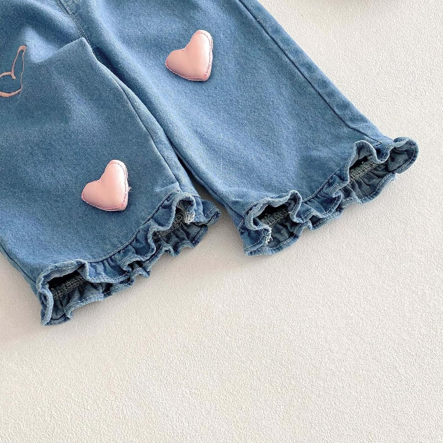 Toddler Baby Girls 3D Heart Casual Loose Wide Leg Jeans Ruffles Hem Denim Pants with Pockets