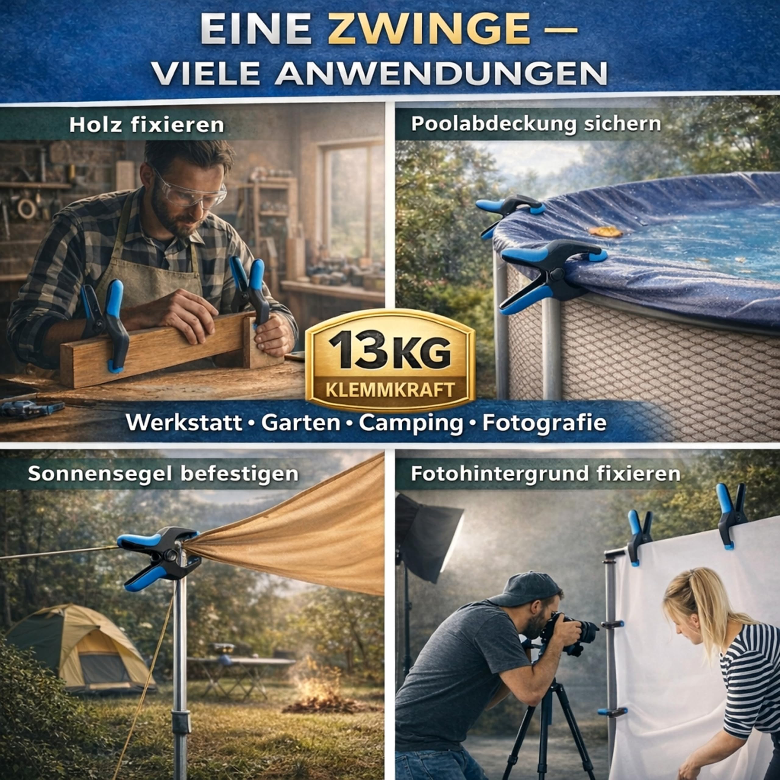Lot de 16 serre-joints avec une force de serrage de 13 kg et une envergure de 7 cm pour des fixations solides et stables à coller, pour des toiles photo ou comme protection de bâche de piscine