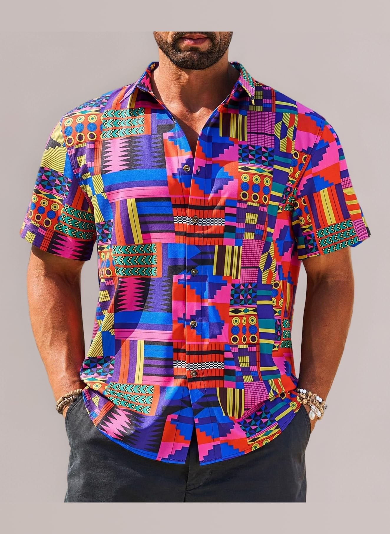 Mens Short Sleeve Shirts Button Down African Traditional Pattern Dashiki Shirt Casual Vintage Floral Hippie Tops