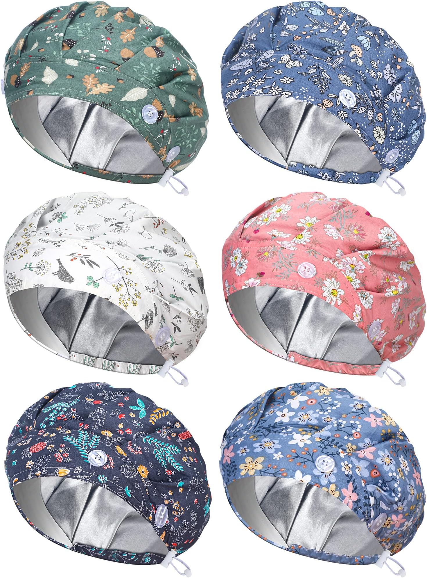6 Pcs Satin Lined Scrub Caps Women Nurse Surgical Hat with Buttons Ponytail Working Adjustable Pouch Tie Back(Classic Style)