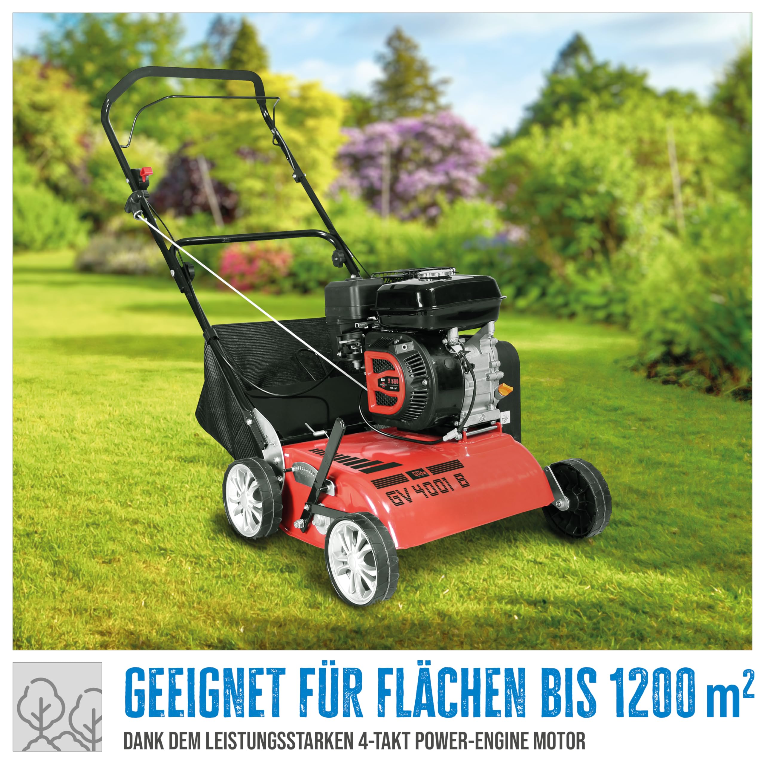 Güde Motor-Vertikutierer GV 4001 B (4-Takt Power-Engine S 580 V, Motorleistung: 3,8/5,2 (kW/PS), Arbeitsbreite: 40 cm, 30l Fangsack, 7-Fach zentrale Arbeitshöheneinstellung, inkl. 2 in 1 Messerwalze)