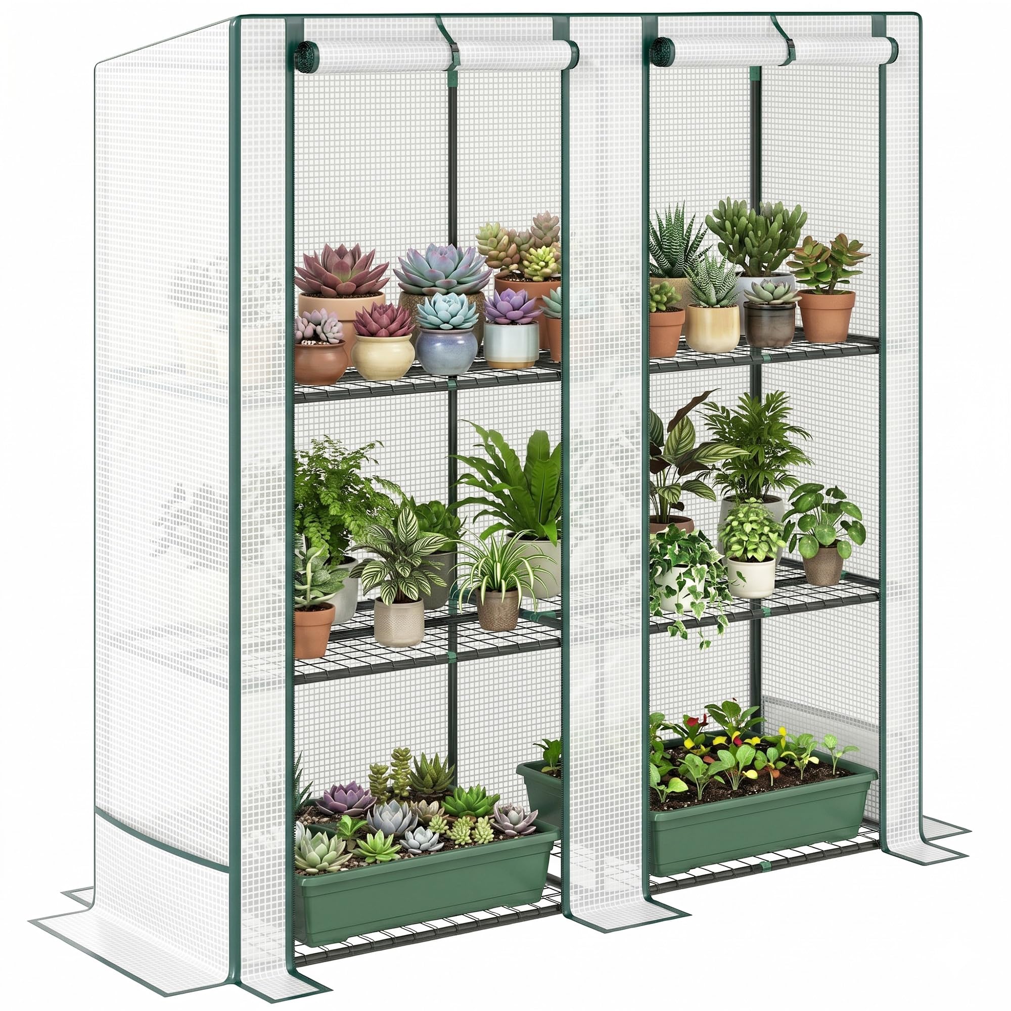 Outsunny 3 Tier Lean-to Mini Greenhouse with Reinforced PE Cover, Portable Small Greenhouse with Roll-Up Door, Green Hemmed Edging, 144 x 48 x 152cm, Green