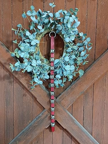 Miniatura 3 de Rustic Red Door Co. Campanas colgantes de trineo para puerta, 10 campanas plateadas para colgar en la puerta con correa de cuero roja, campanas de