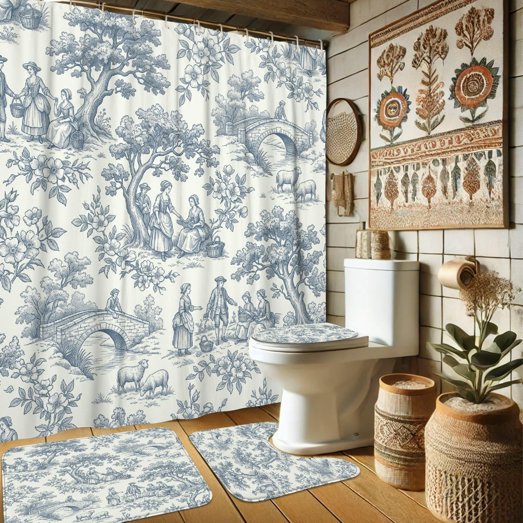 Rideau de douche tissu imperméable bleu 183 cm et tapis décoratif motif pont rustique
