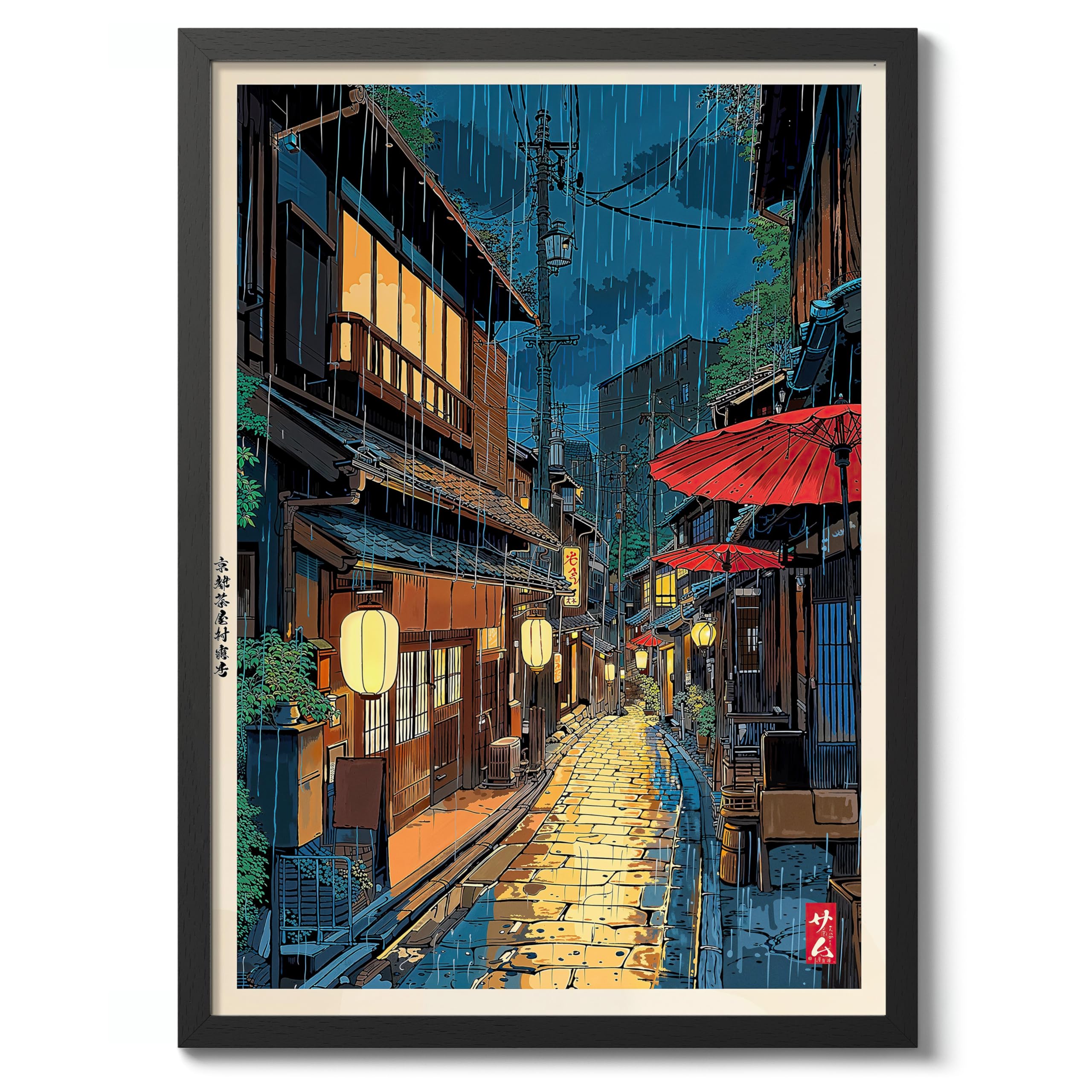 Osaka Tea House Anime Woodblock Poster Modern Ukiyo-E, Japanese Cartoon Illustration Print, Archival Matte, A2 (Black Frame) - 59.4x42cm