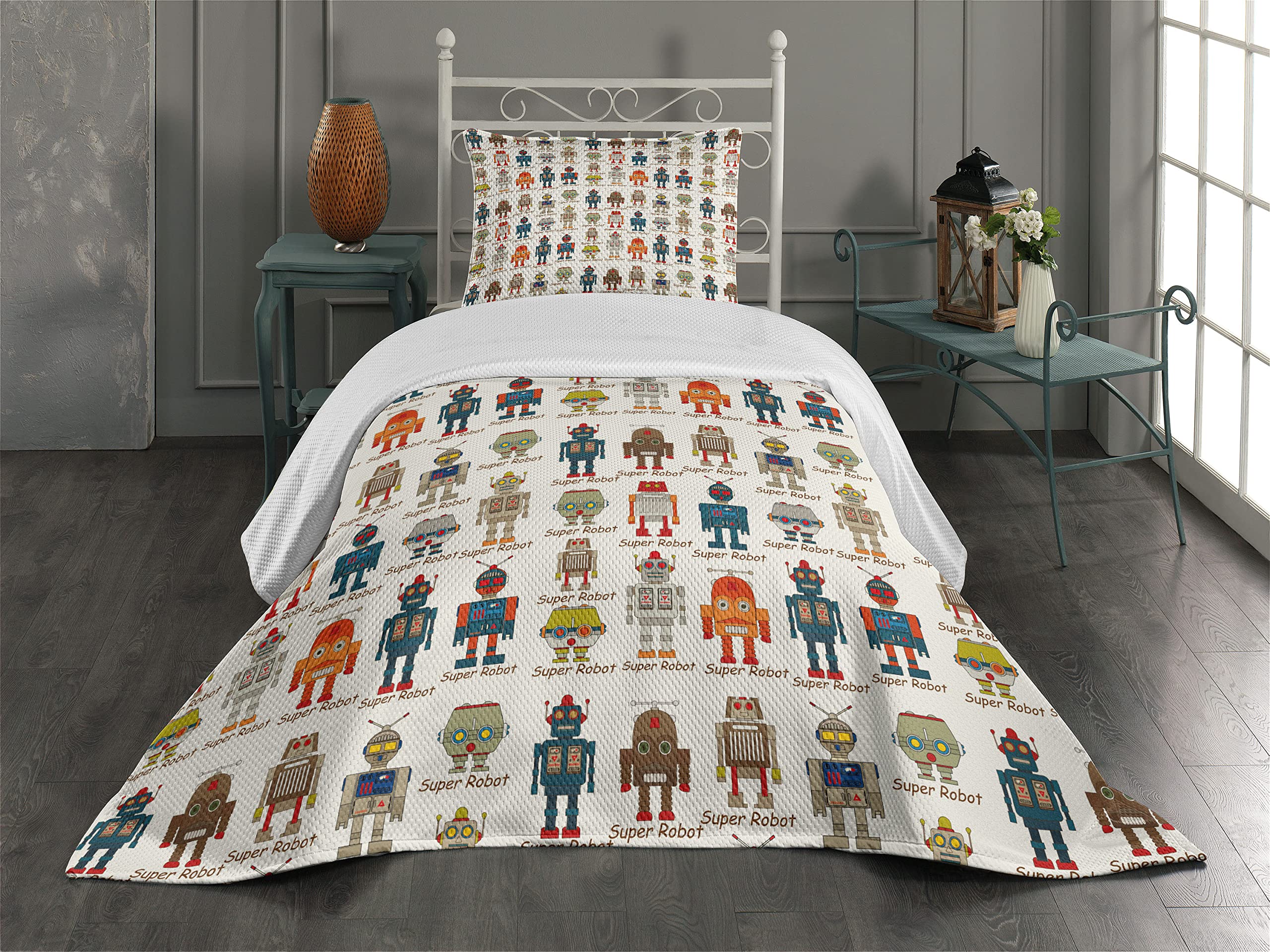 Ambesonne Robot Coverlet, Various Different Super Robot Set in Cartoon Style Fantasy Futuristic Machine, 2 Piece Decorative Quilted Bedspread Set with 1 Pillow Sham, Twin Size, Brown Marigold