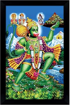 Hindu God Picture Frame Lord Hanuman Lifting Drongairi Mountain Religious Black Wall Frame Holy Poster Ready To Hang Wooden Frame-6 x 8 Inches