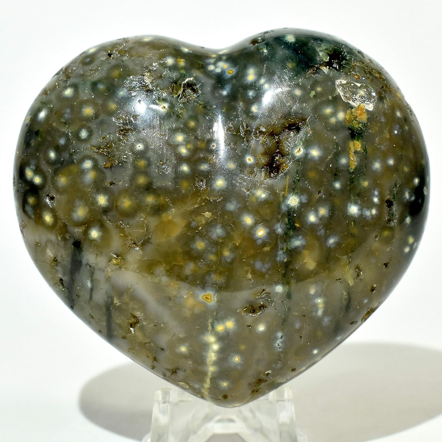 68mm Green Ocean Jasper Puffy Heart Natural Sparkling Druzy Crystal Polished Orbicular Orbs Mineral Love Stone Heart - Madagascar + Acrylic Display Stand