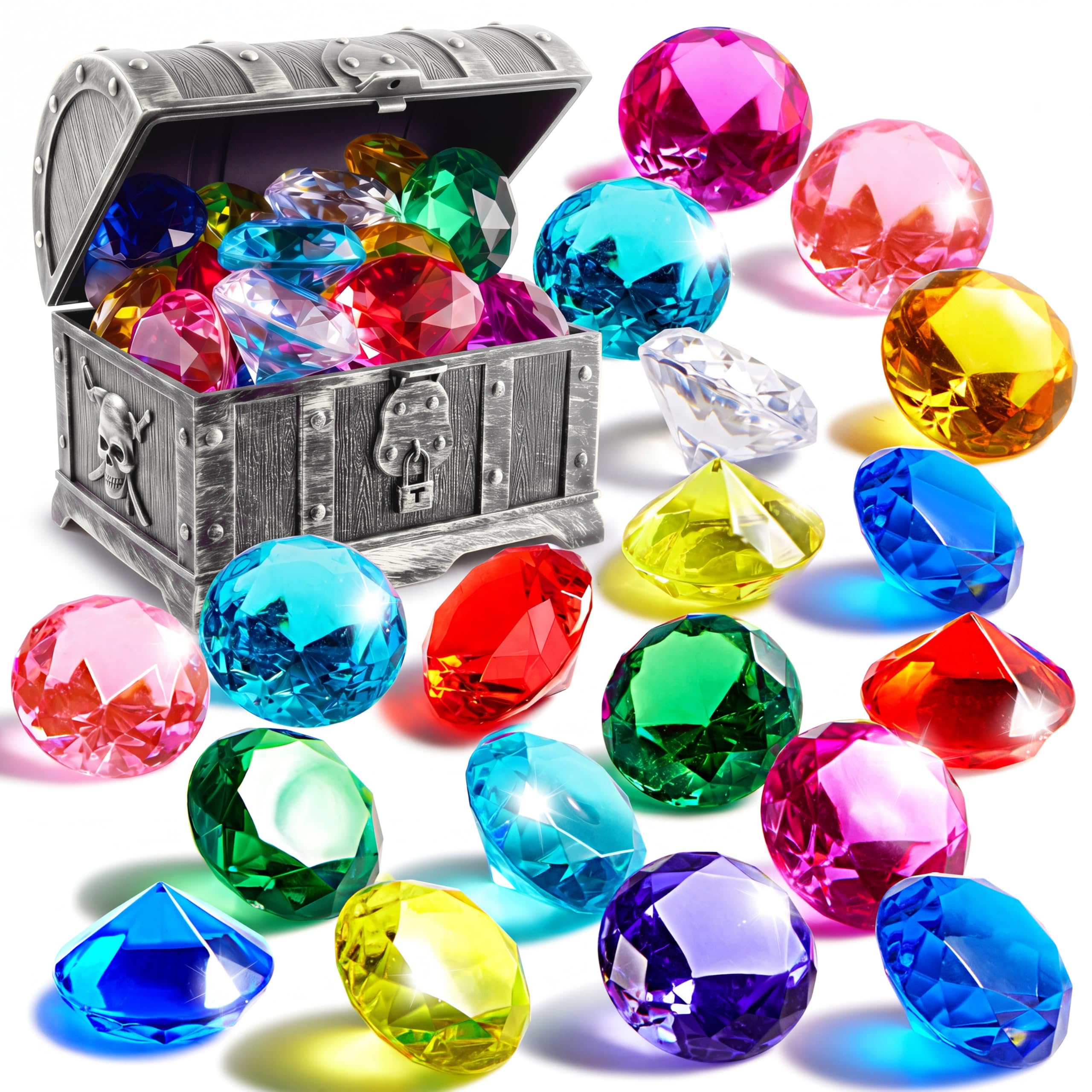 Sloosh Giocattolo da Piscina Diving Gems, 16 Grandi Diamanti Colorati con Scrigno dei Pirati, Giocattolo subacqueo per Bambini con Gemme subacquee, Regalo per l'allenamento al Nuoto