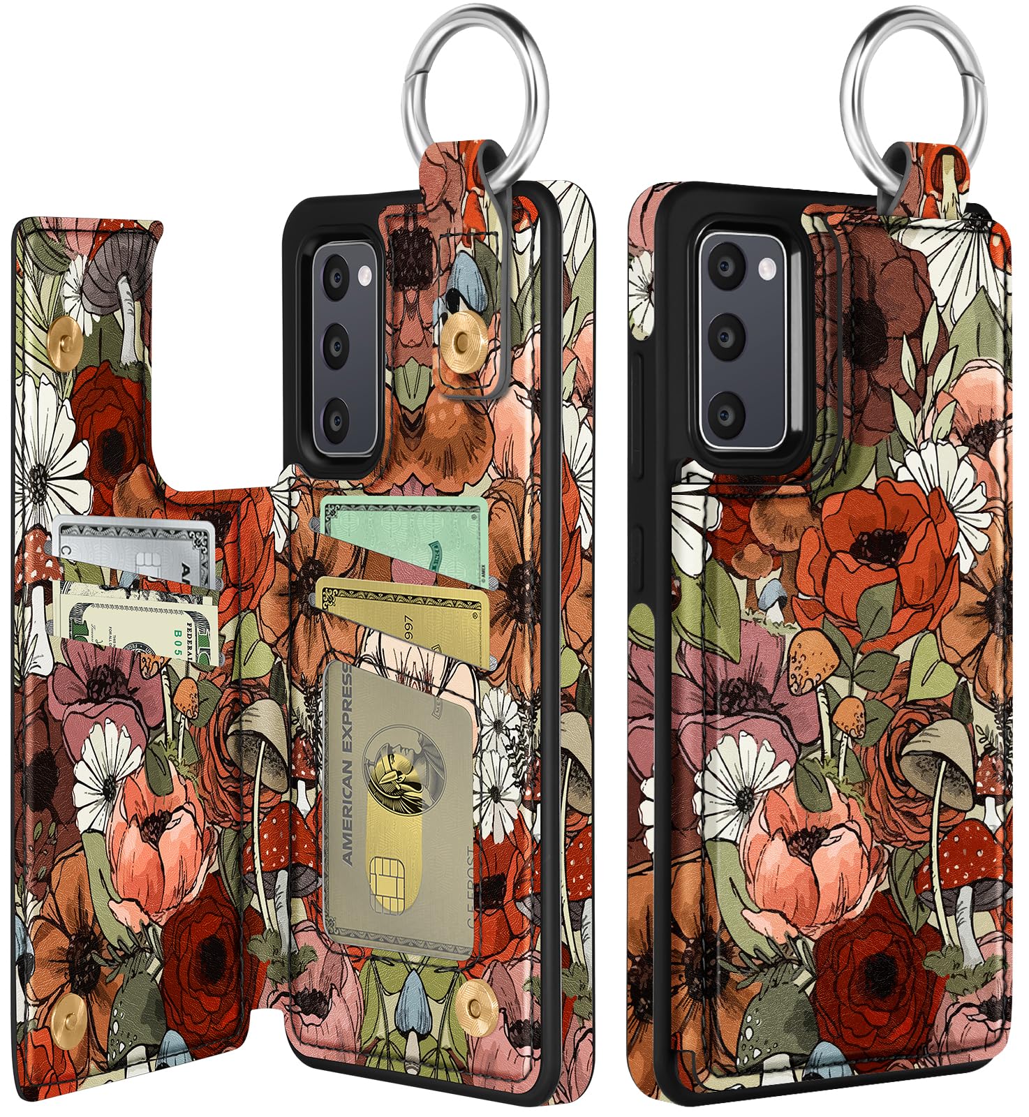 Shorogyt for Samsung S20 FE Wallet Case with Card Holder - Designer Flower Mushroom Pattern Kickstand Magnetic Clasp Back Flip Folio Leather Phone