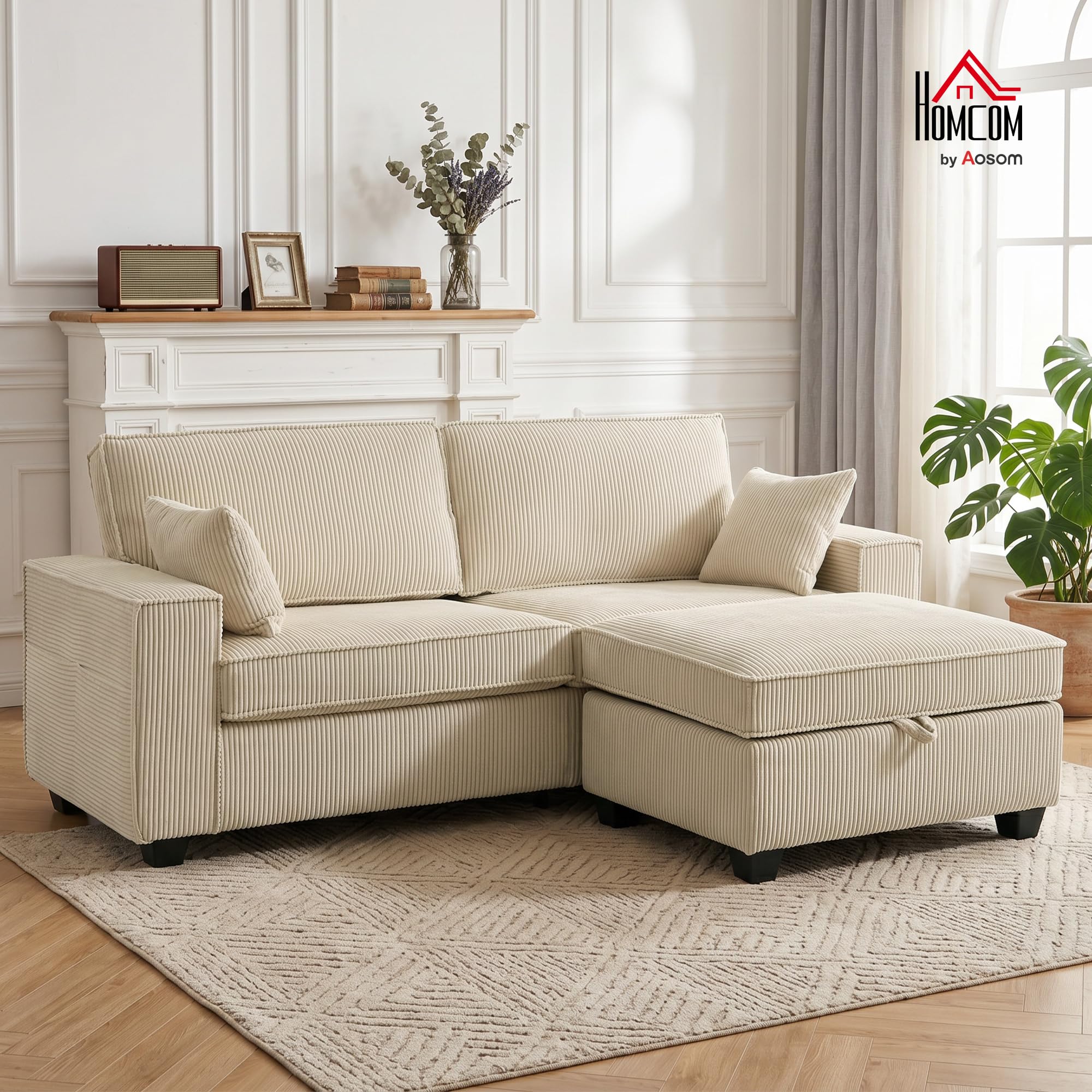 HOMCOM Ecksofa 216 cm L-Form mit Umkehrbarem Aufbewahrungshocker Beige