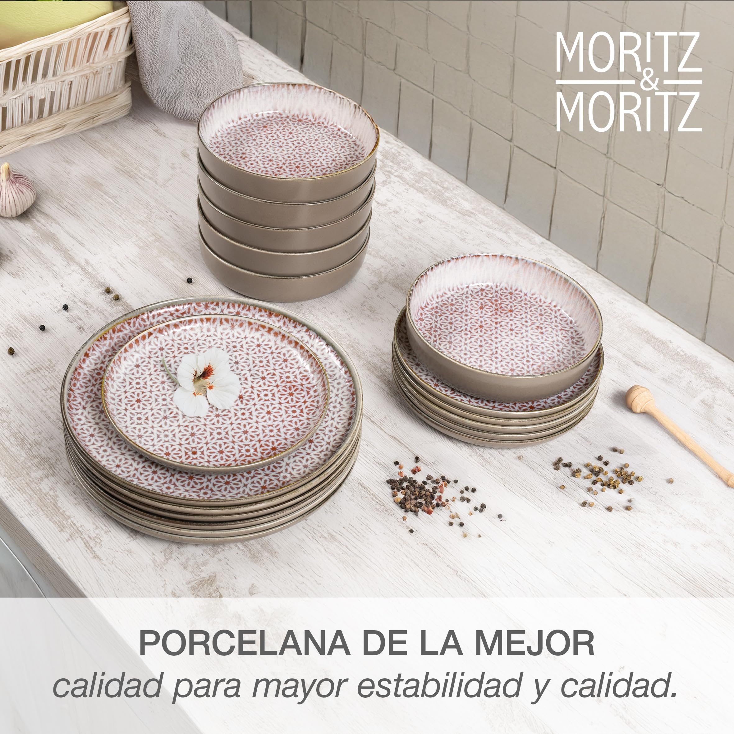 Moritz & Moritz ALHAMBRA - Vajilla para 6 personas, 18 piezas, de porcelana de alta calidad, moderna vajilla en mousse, fácil cuidado, juego de 6 platos llanos, platos de postre y cuencos