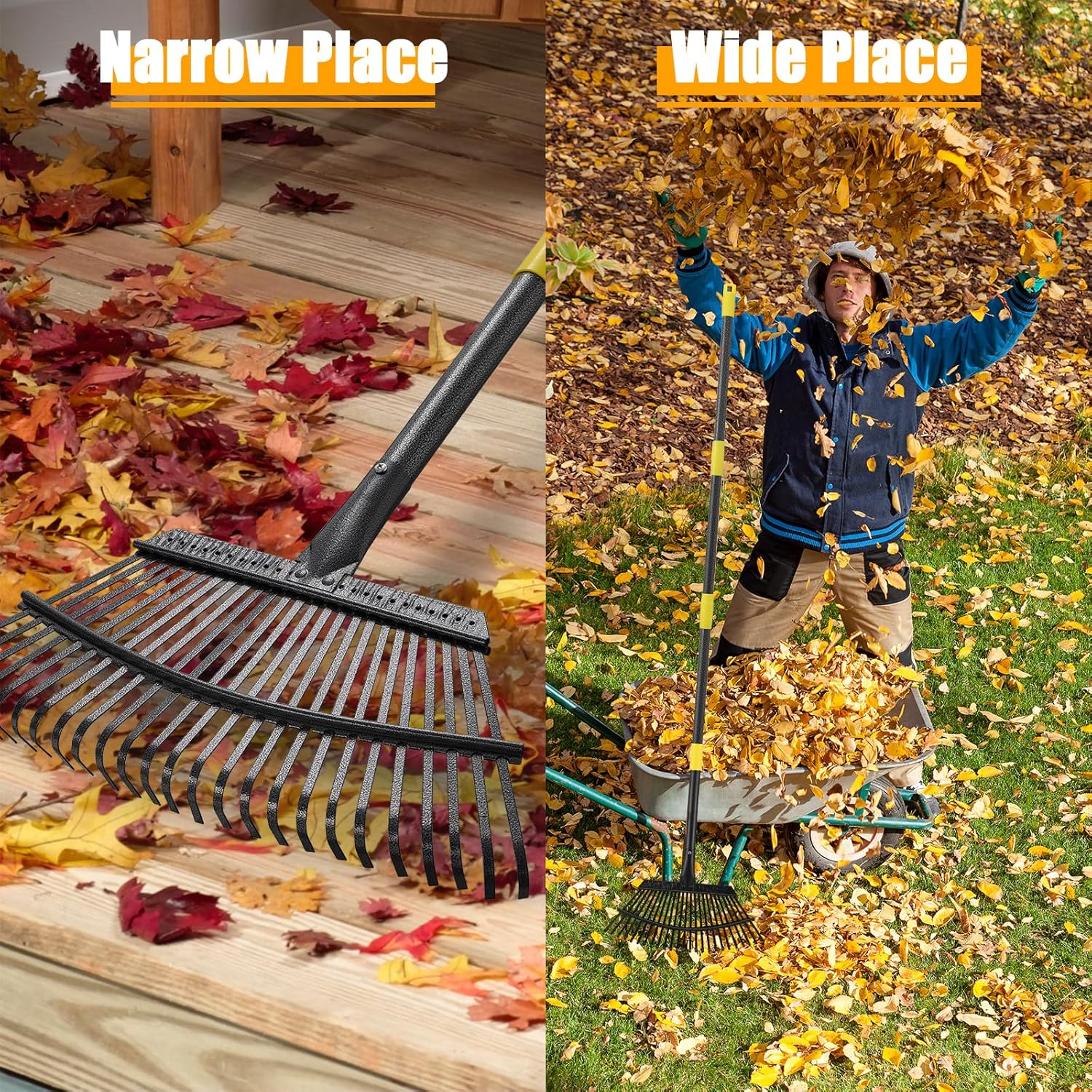 65" Leaf Rake for Gardening Adjustable Long Handle with 25 Metal Tines 18" Wide Leaf Rakes Yard Thatchibng Rake for Picking Leaves,Grass Clippings Garbage