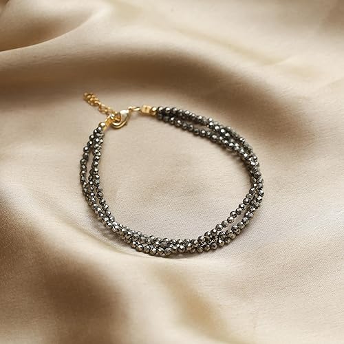 Miniatura 4 de Gempires Pyrite 3 Layered Beaded Bracelet, Faceted Beads, Birthstone Healing Crystals, Gift for Her, 14k Gold Plated Jewelry for Women, 8 inch