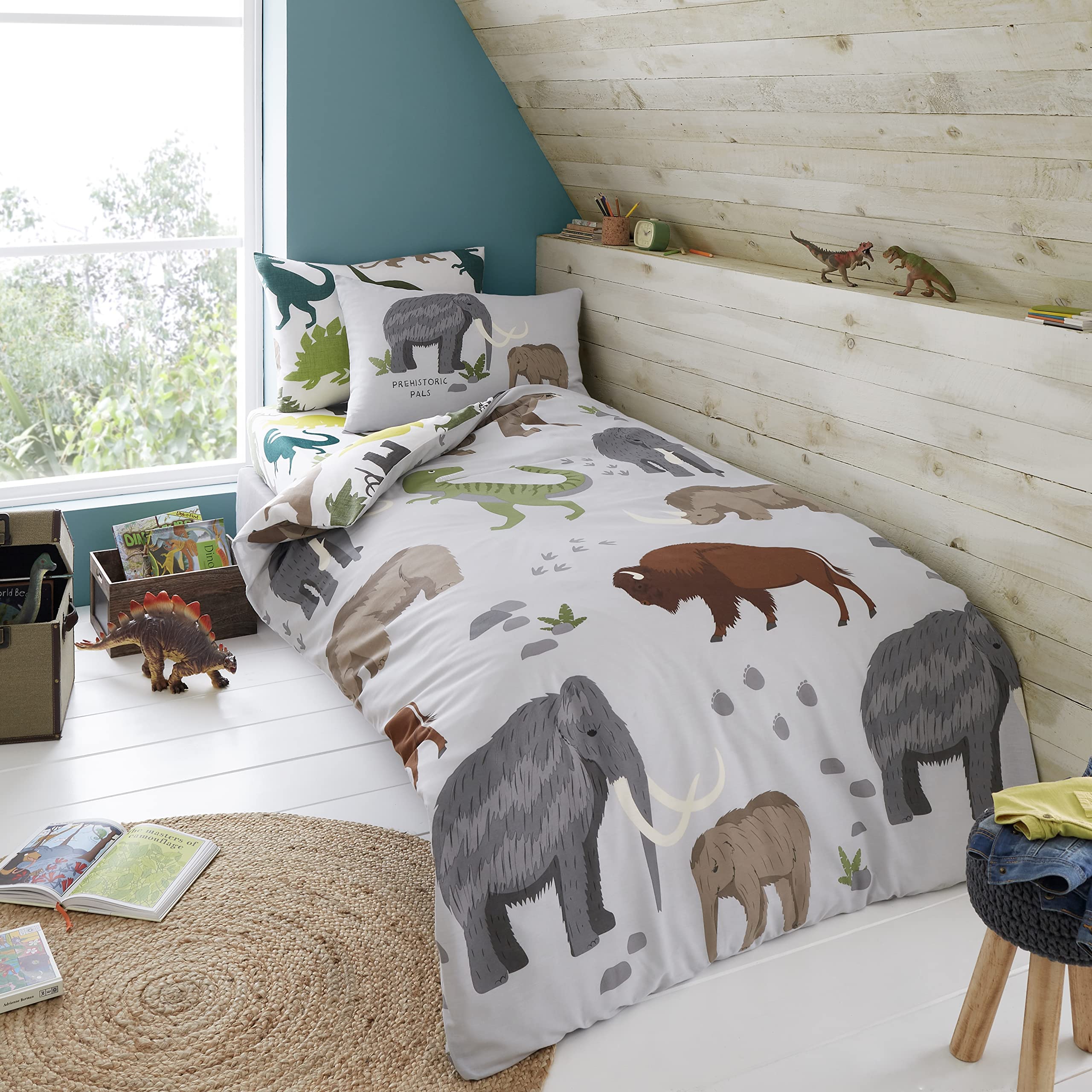 Fairwayuk Boys Woolly Mammoth Dinosaur Bedding Set - Kids Poly Cotton Duvet Cover With Pillowcase, Double Bed Size 3 Piece Reversible Quilt Covers, 200X200cm, Bedroom Accessories