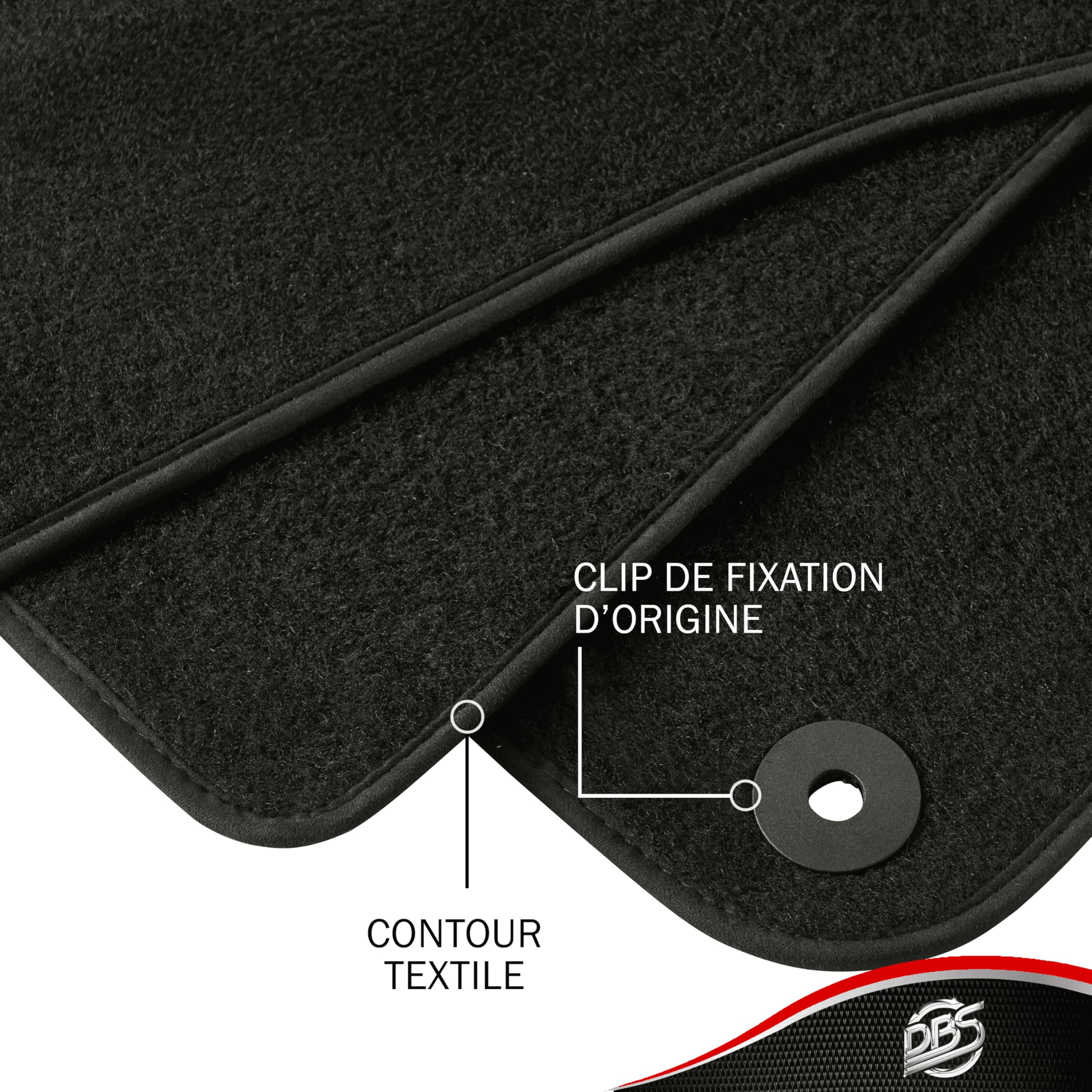 DBS - Tapis de Sol Voiture - sur Mesure - Adapté à Votre Renault 5 E Tech Electrique (dès 01/2024) - Antidérapant : Clips de Fixation et Autogrip - 4 pièces - Moquette