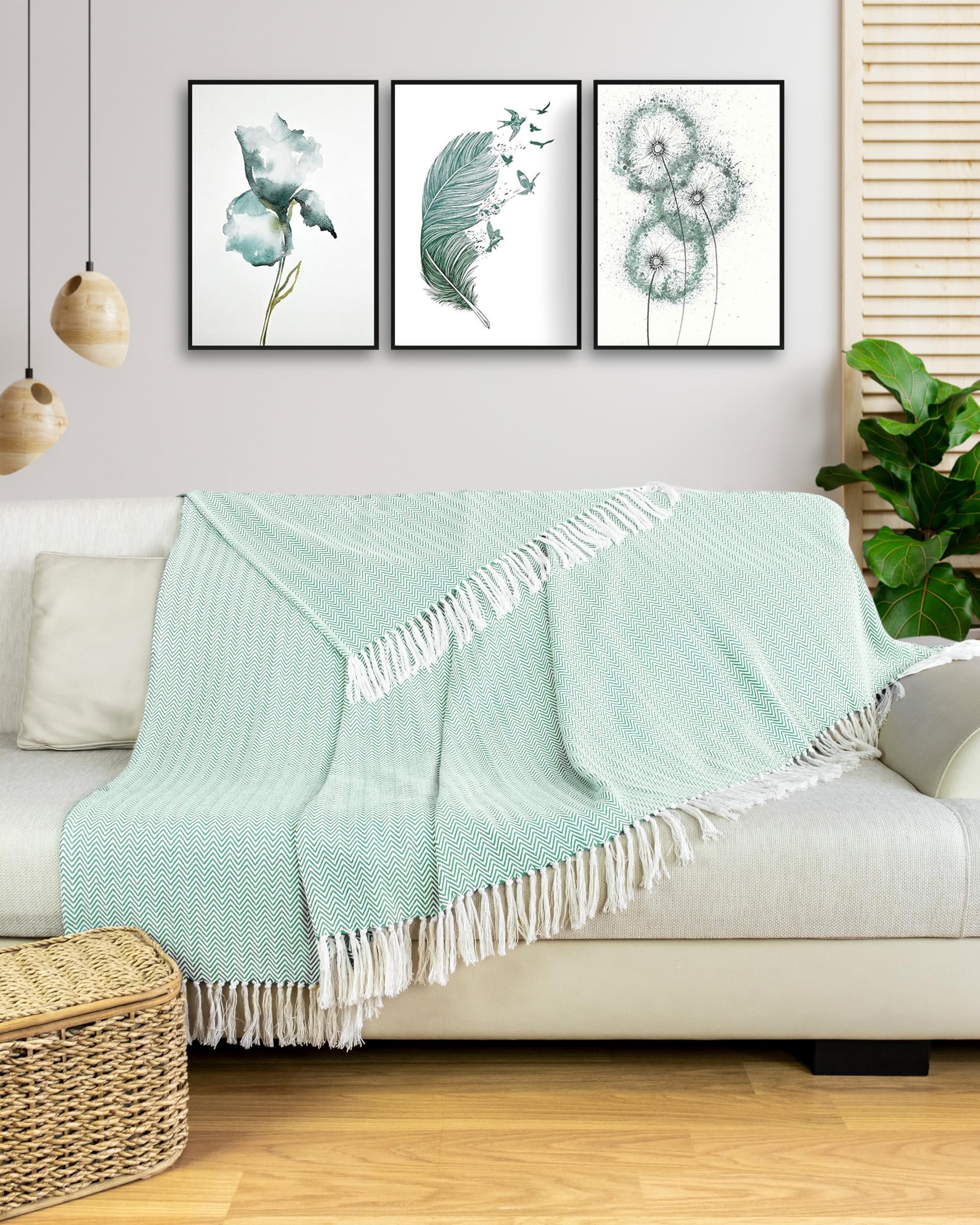Gräfenstayn Narzuta premium z frędzlami, 100% bawełna, 220 x 240 cm, wzór w jodełkę, kołdra letnia, bawełniana narzuta na łóżko, kanapę, kolor miętowy
