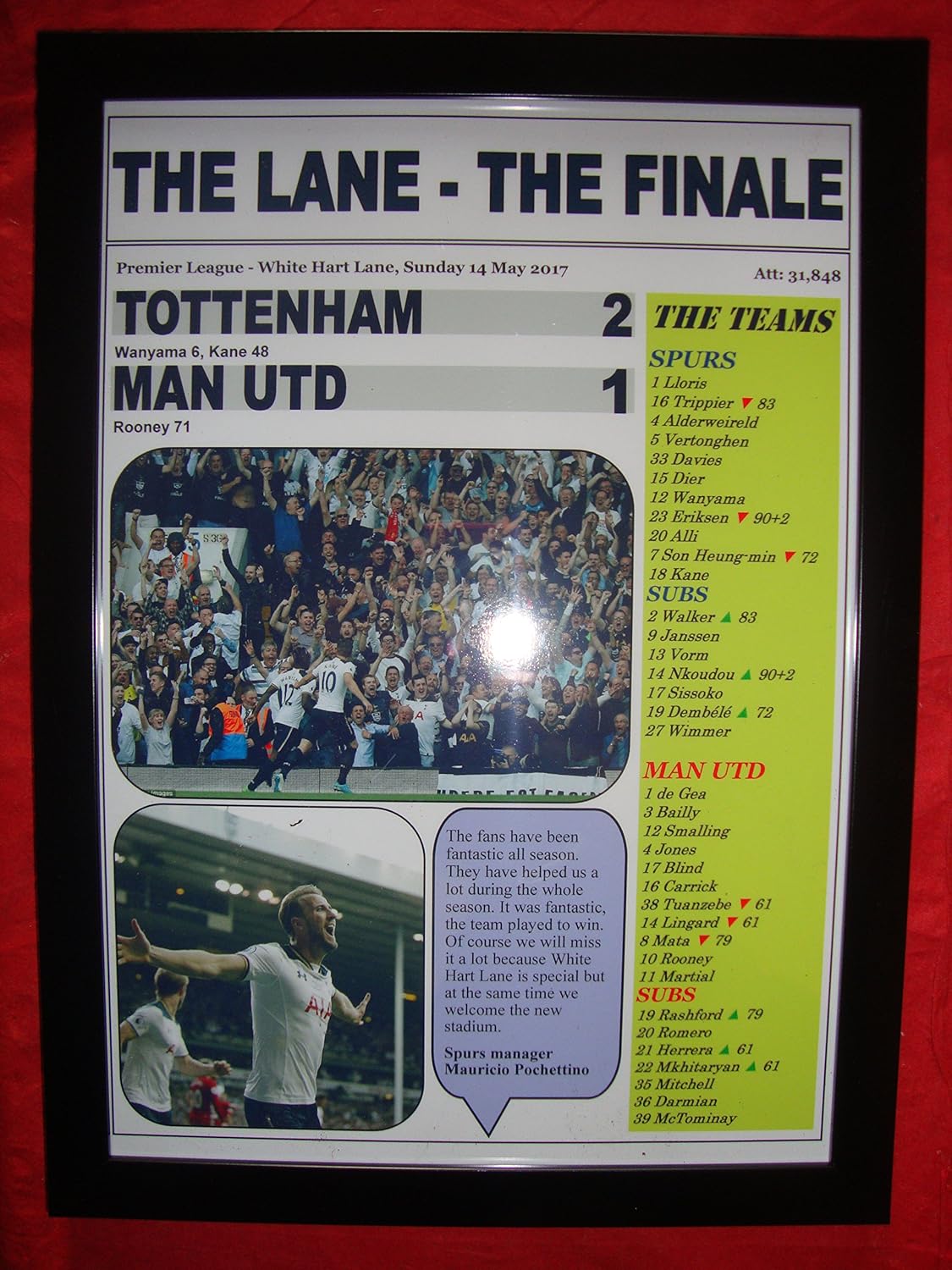 Spurs 2 Man Utd 1-2017 Premier League - The Lane Finale - framed print