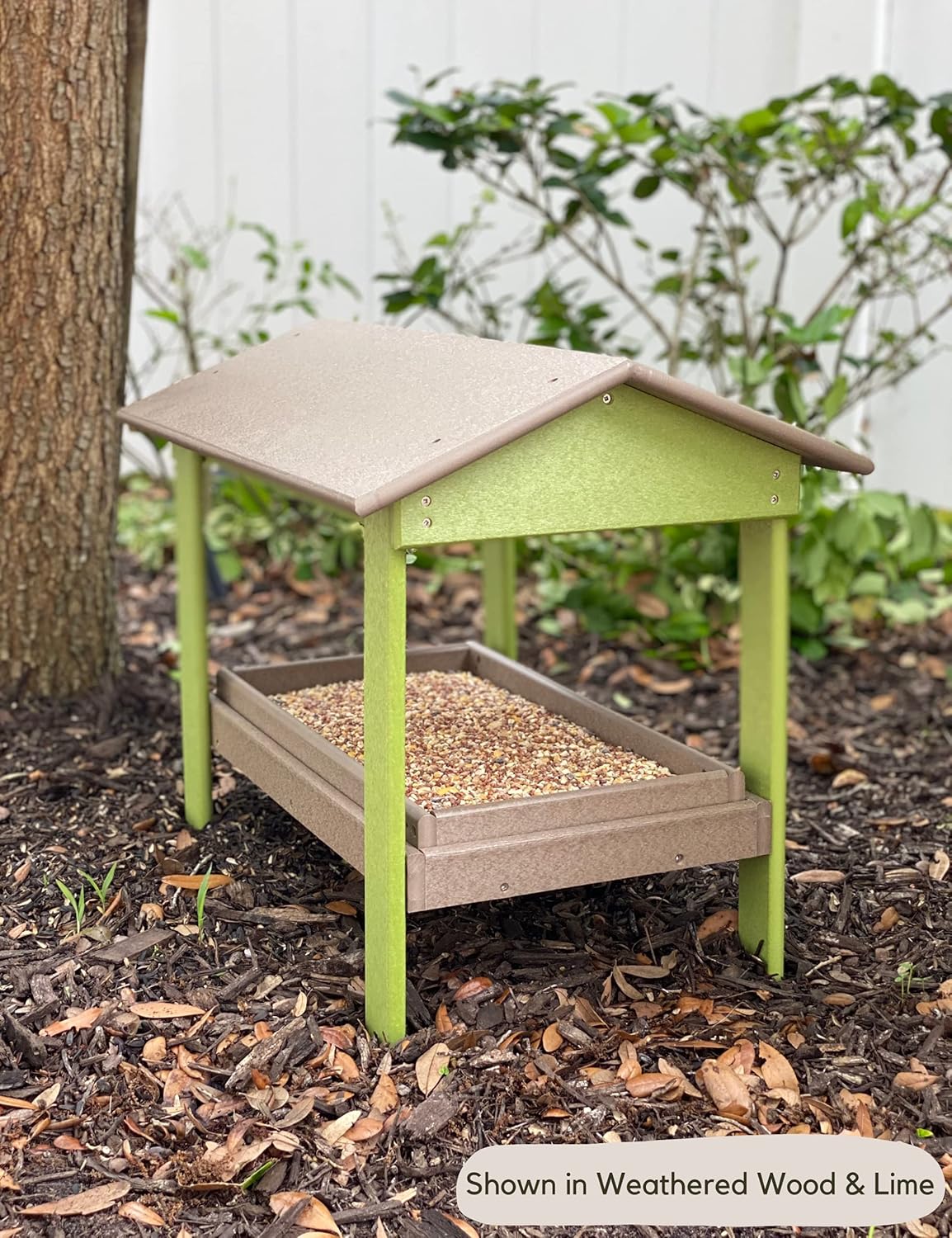 DutchCrafters Plastic Poly Covered Platform Ground Bird Feeder with Removable Seed Tray, Durable Standing Bird Feeders for Outdoors - Amish Made in USA (Weatherwood & Lime)