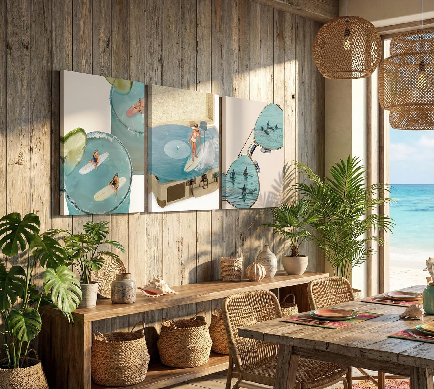 FTQYQLD 3 Piece Vintage Surreal Beach Canvas Wall Art, Surrealism Collage Summer Cocktail Decor, Quirky Record Player Surfer Prints, 12x16 Inch Modern Abstract Room Decor for Living Room Bedroom