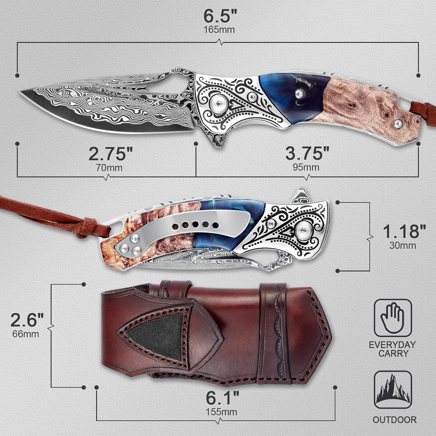VNLA Damascus Folding Pocket Knife,Forged Damascus Steel Blade,New material handle made of resin and maple leaf.with leather case,Pocket Clip,Suitable for Hiking carry EDC