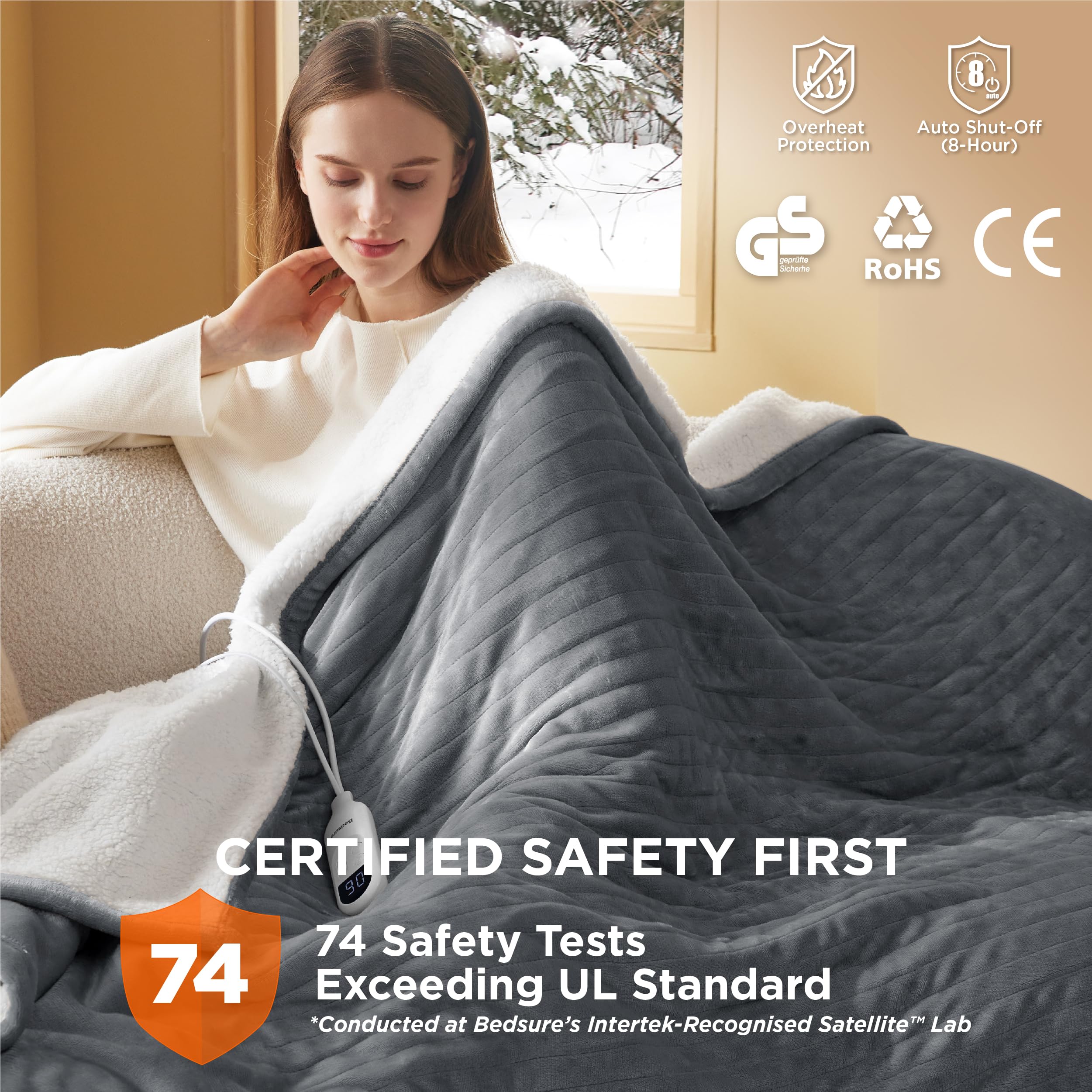 Bedsure Heizdecke Elektrischer Überwurf - Flanell Heizdecke, Heizung mit 10 Zeiteinstellungen, 6 Heizstufen, Überhitzungsschutz, 130 x 160 cm, Grau