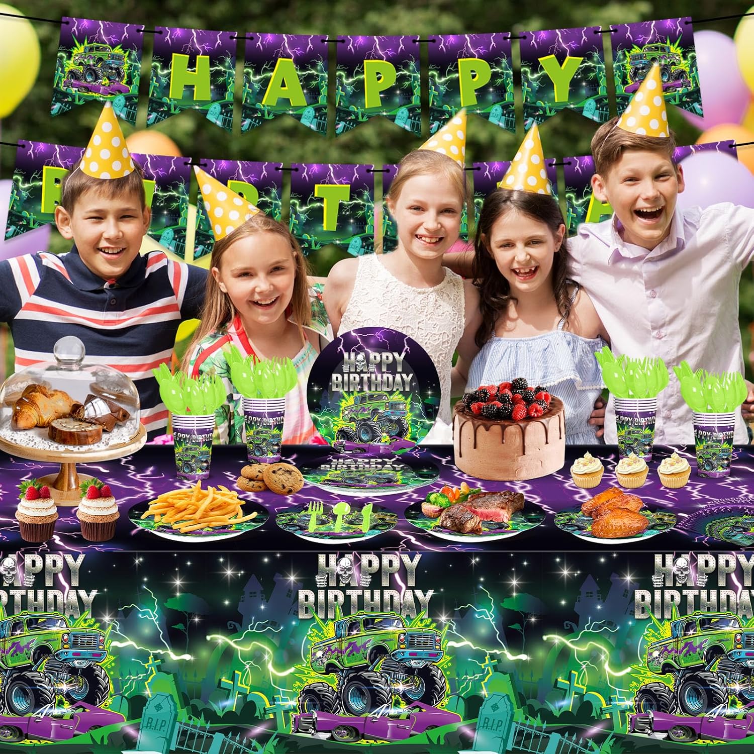 Qinyoung 172 Pcs Monster Truck Birthday Party Decorations Set Purple and Green Truck Birthday Tableware Tablecloth Hanging Banner Disposable Dinnerware Serves for 24 Guests Bday Party Supplies
