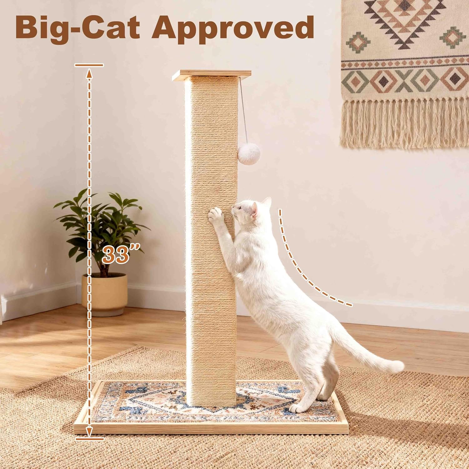 Tall Cat Scratching Post, 33" Boho Carpet Cat Scratcher with Perch for Indoor Cats, Large Base Sisal Scratch Post for Adults & Kittens with Dangling Ball Toy