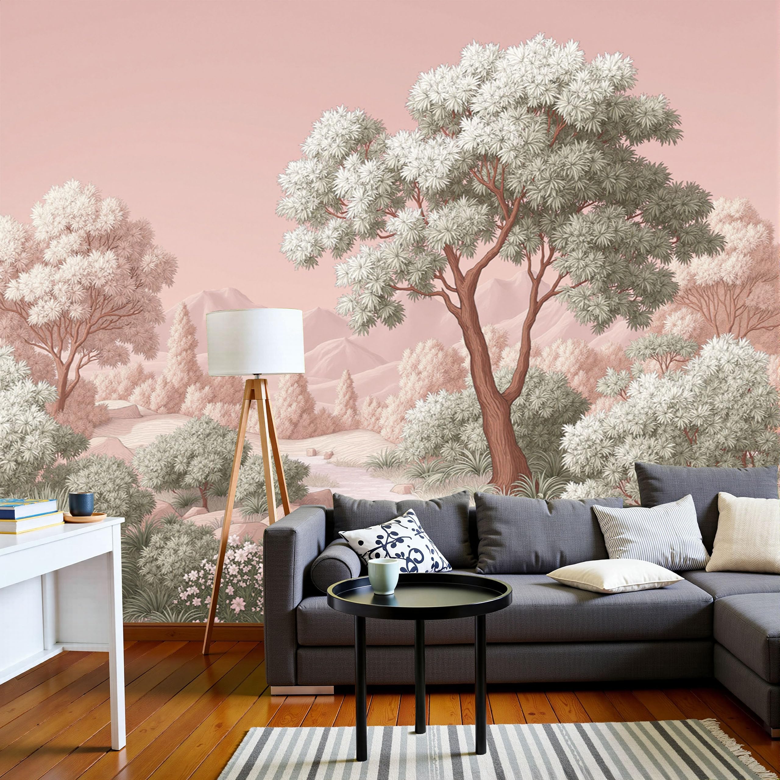 Papier peint panoramique chemin forestier pour agrandir un salon sombre ou petit