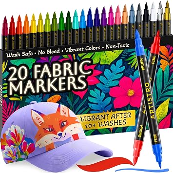 ARTISTRO 20 Fabric Markers for Clothes and Textiles Permanent No-Bleed Fabric Decorating Kit for T-Shirts, Bags, Canvas, Shoes, and Crafts