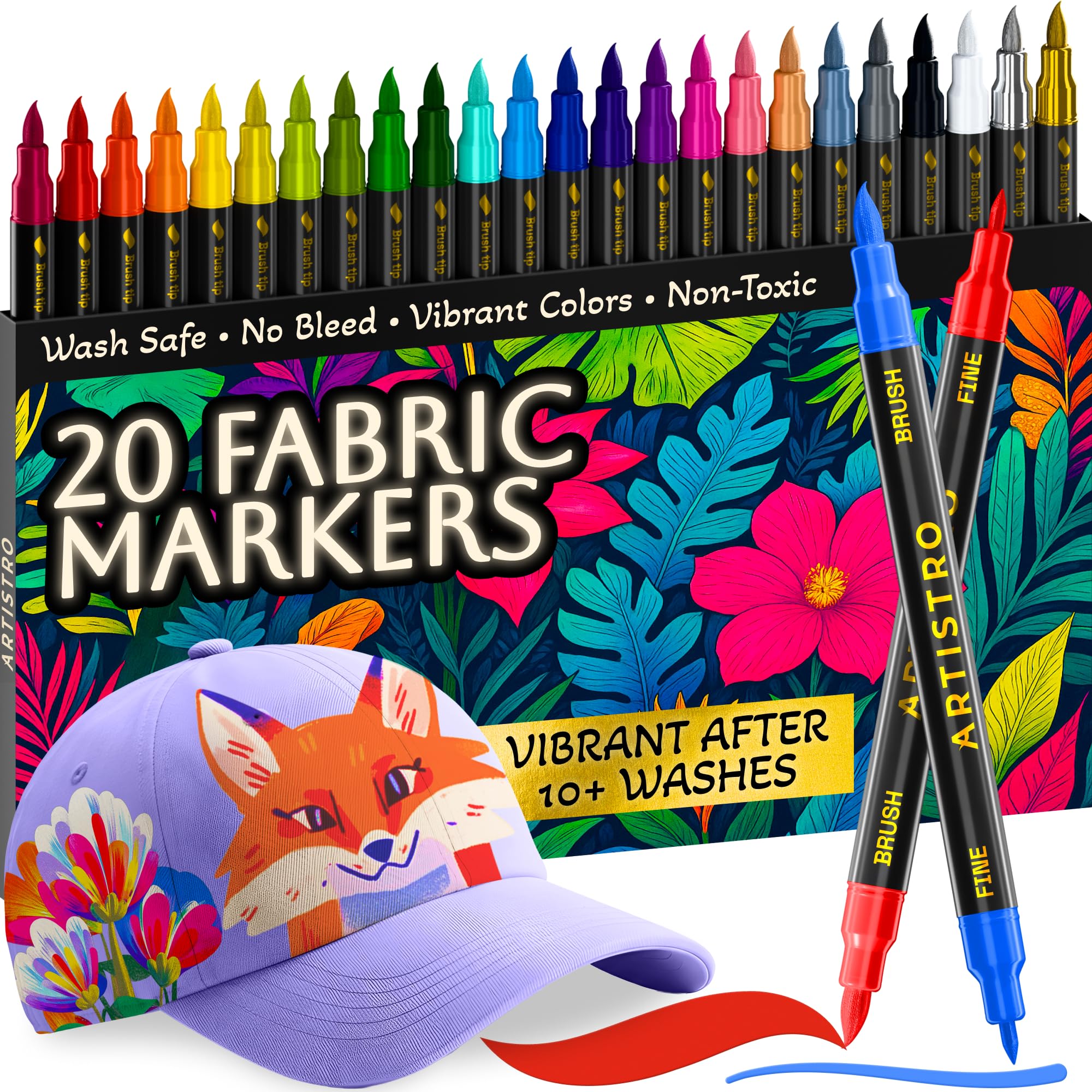 ARTISTRO 20 Acrylic Paint Markers, Clothing Dyeing Set, Brush &amp; Fine Tip