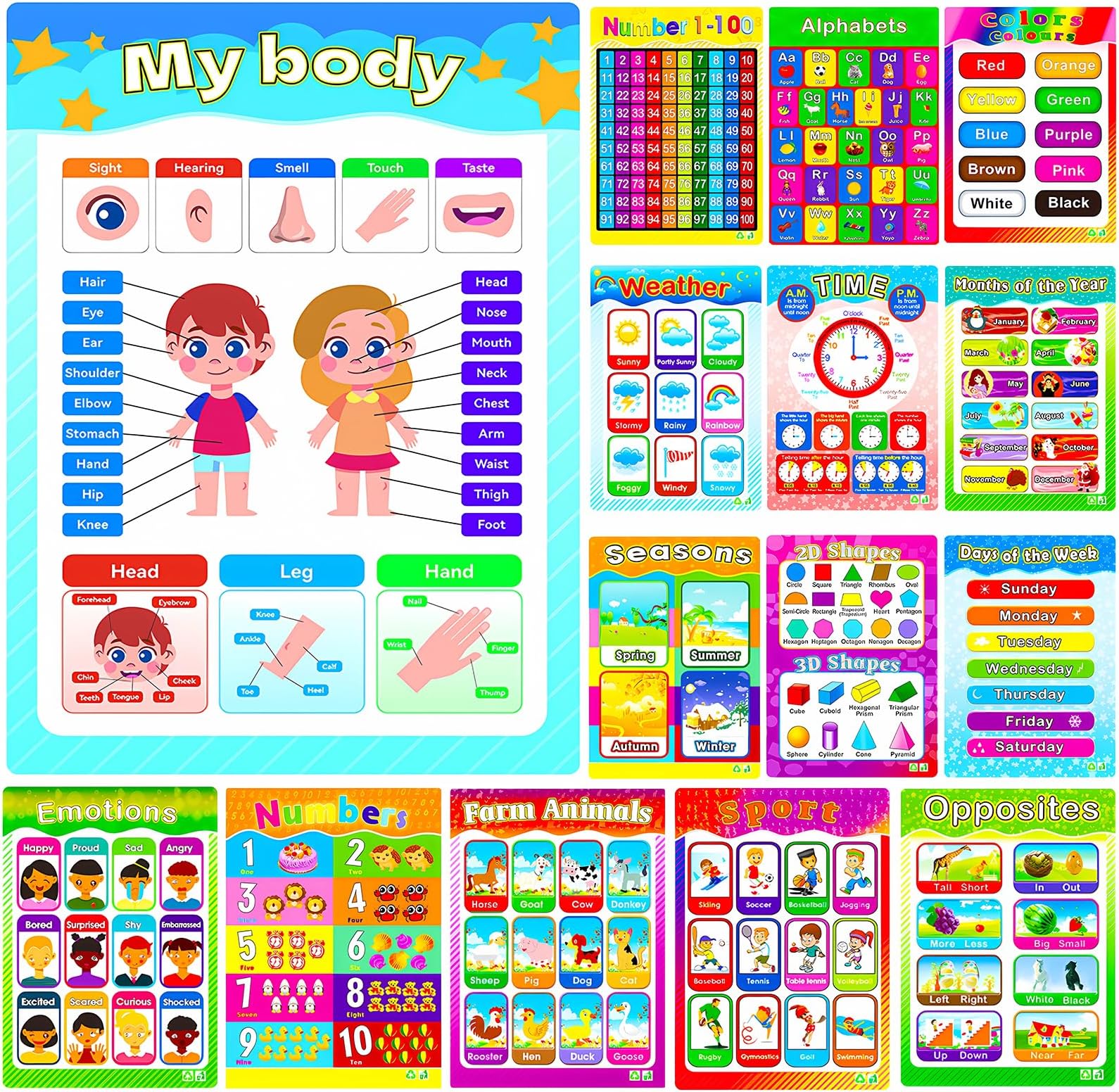 FYYZY 15 Pack Educational Posters for Toddler and Preschool Kids Classroom Learning Alphabet Poster Alphabet Numbers Shapes Colors Laminated Poster Chart Set