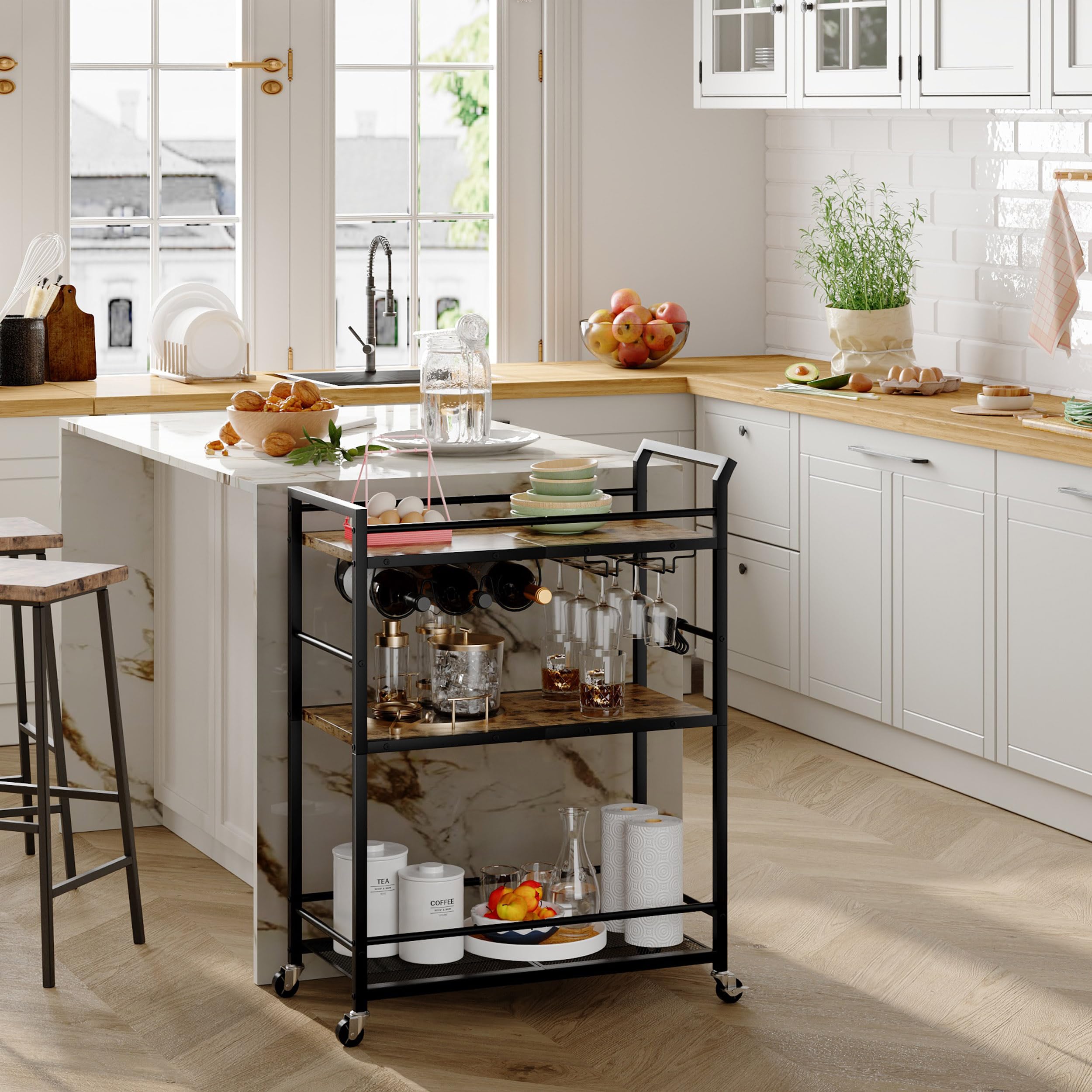 Carrito Auxiliar con Ruedas Bar Carro Cocina con Gläserablage y Estante para Vino Metal Mini Bar Mesa Auxiliar Cocina Estante de Vidrio Marrón Rustico Tres Niveles Mesa Auxiliar Cocina GBC507R