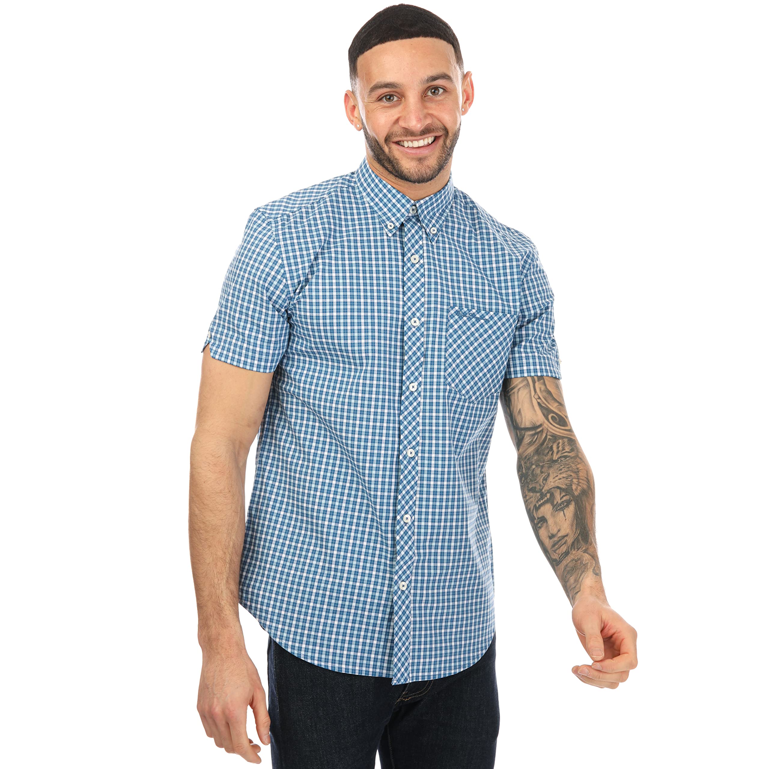 Ben Sherman Men's Blue Short Sleeve Gingham Shirt In