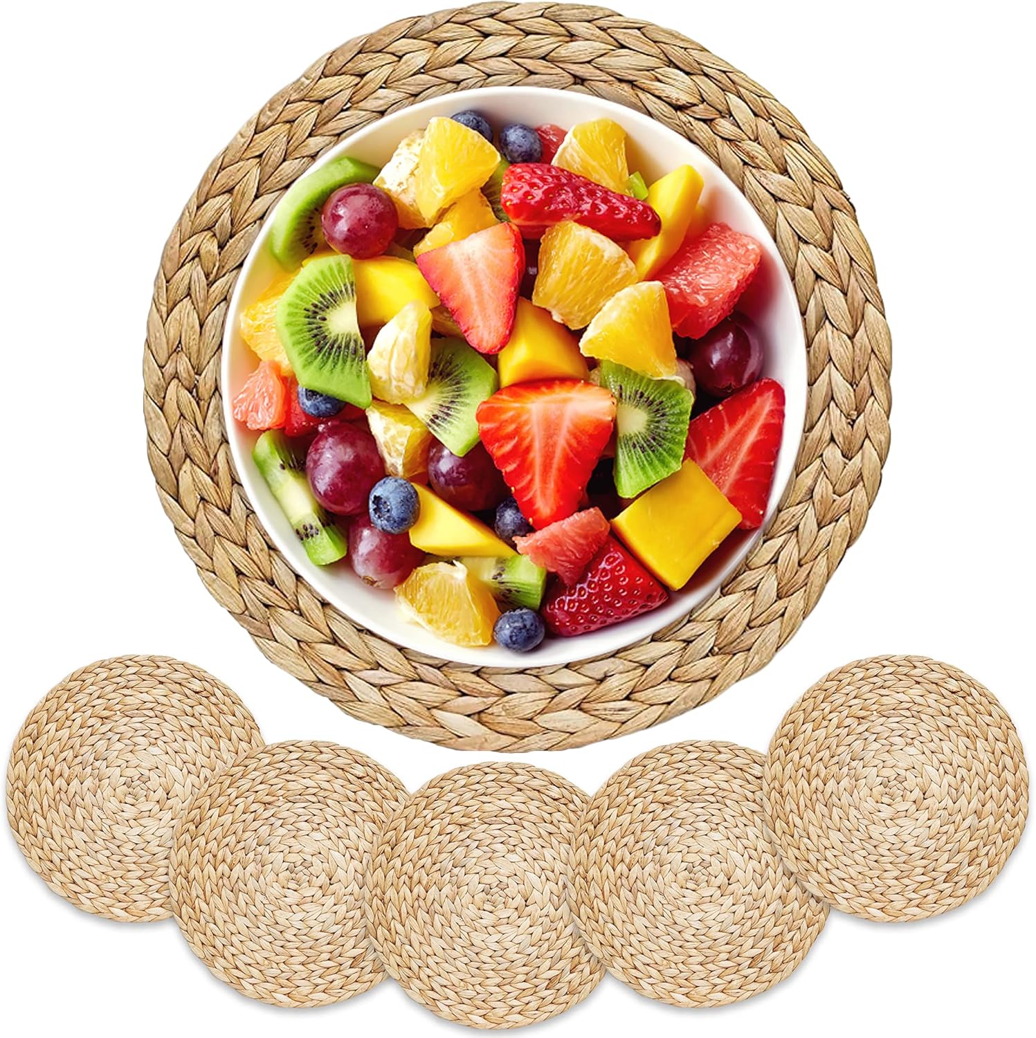 IsVie Round Woven Placemats Set of 6, Size 14” Natural Water Hyacinth Dining Table Placemats, Handmade Woven Placemats, Heat Resistant and Non Slip Braided Table Mats for Dining Table, Natural 14". Set of 6 Natural