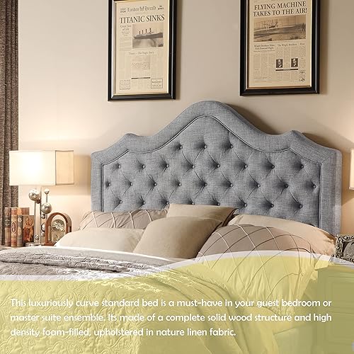 Miniatura 4 de Rosevera Noblesville - Marco de cama tapizado de lino para dormitorio marco de cama Queen fácil montaje Queen gris