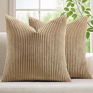 Mecatny Corduroy Decorative Throw Pillow Covers 26x26 Set of 2 for Sofa Living Room, Soft Neutral Boho Couch Pillow Covers for Home Decor, Khaki