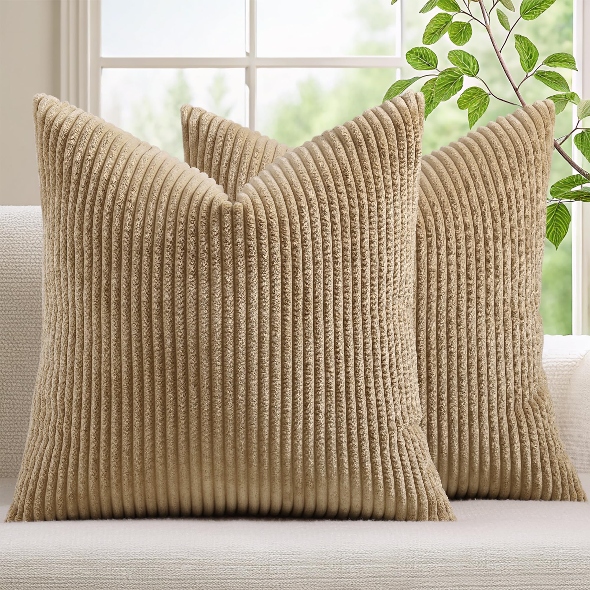 Photo 1 of Mecatny Corduroy Summer Decorative Throw Pillow Covers 18x18 Set of 2 for Sofa Living Room, Soft Neutral Boho Couch Pillow Covers for Home Decor, Khaki