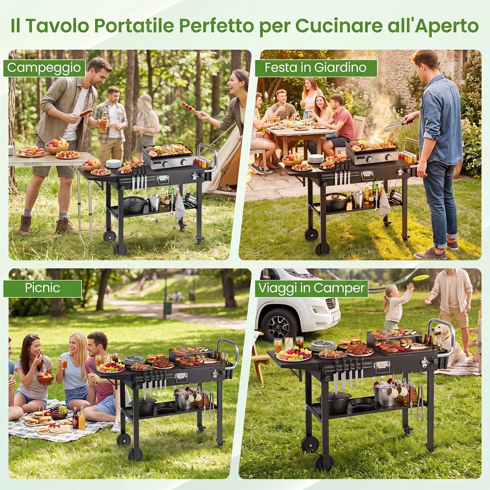 COSTWAY Carrello per Barbecue con 4 Ruote, per Festa e Campeggio | Carrello per Grill da Esterno con Portaspezie Apribottiglie Portautensili Magnetico e Ganci, Isola da Cucina, 118x43x88 cm