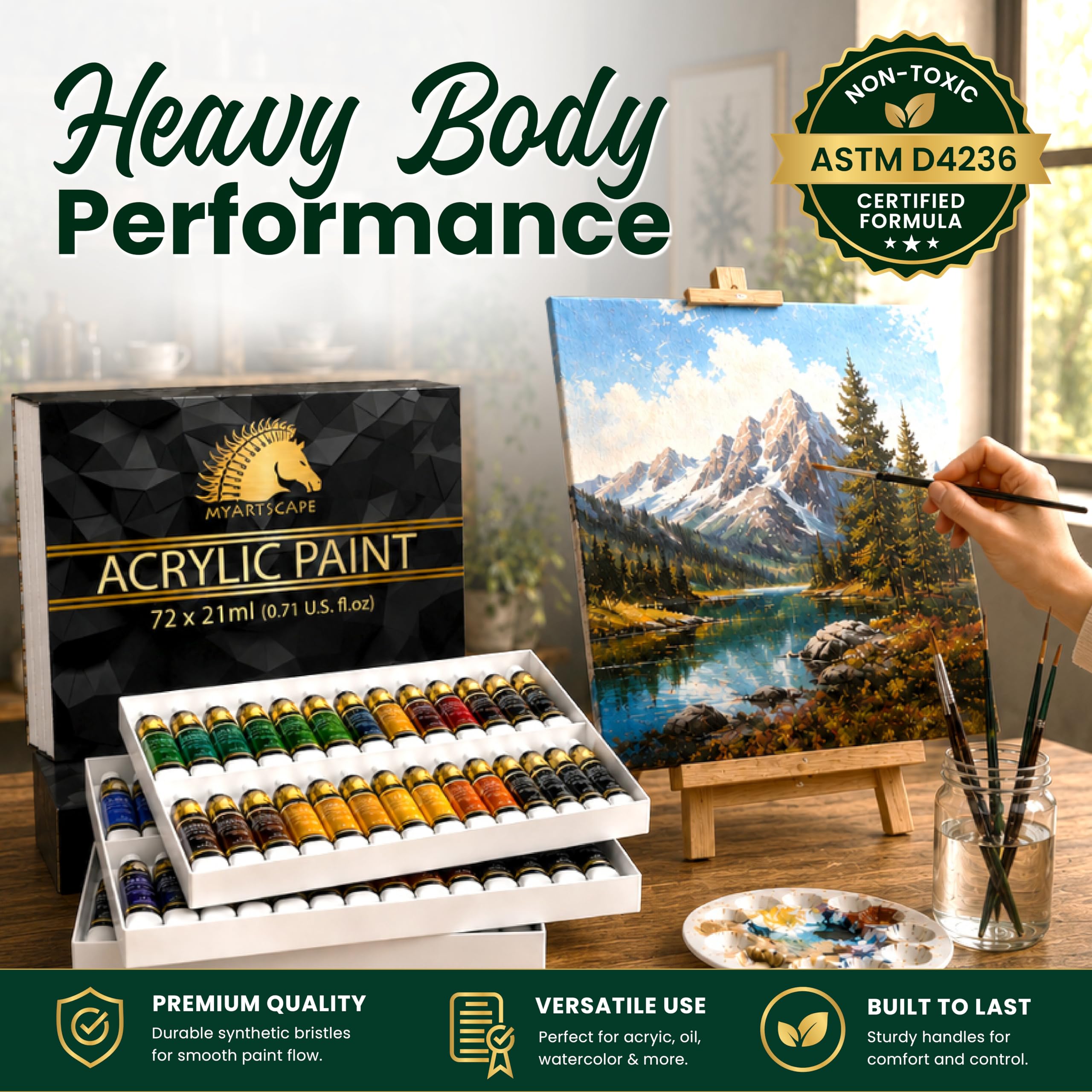 Zestaw farb akrylowych – tubki 72 x 21 ml – 3 x pędzle do malowania – farby i pędzle artystyczne – MyArtscape