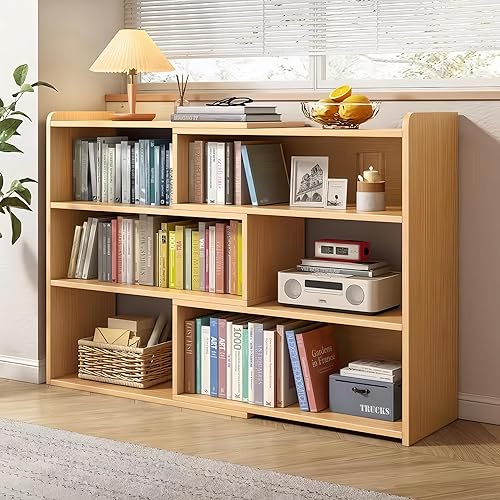 Cmishe 4-Tier Wooden Bookshelf, Expandable 25-47 inch Wide Bookcase, Modern Freestanding Bookcas for Small Space or Corner (Natural)