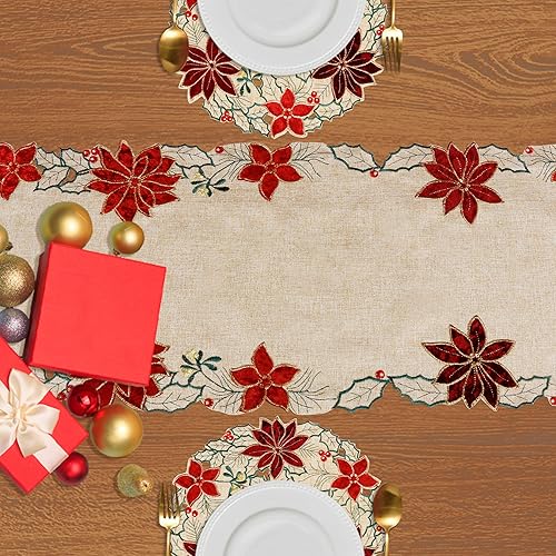 Miniatura 5 de OWENIE Camino de mesa de Navidad de 90 pulgadas de largo, camino de mesa bordado de flor de pascua roja para decoraciones de Navidad, tela