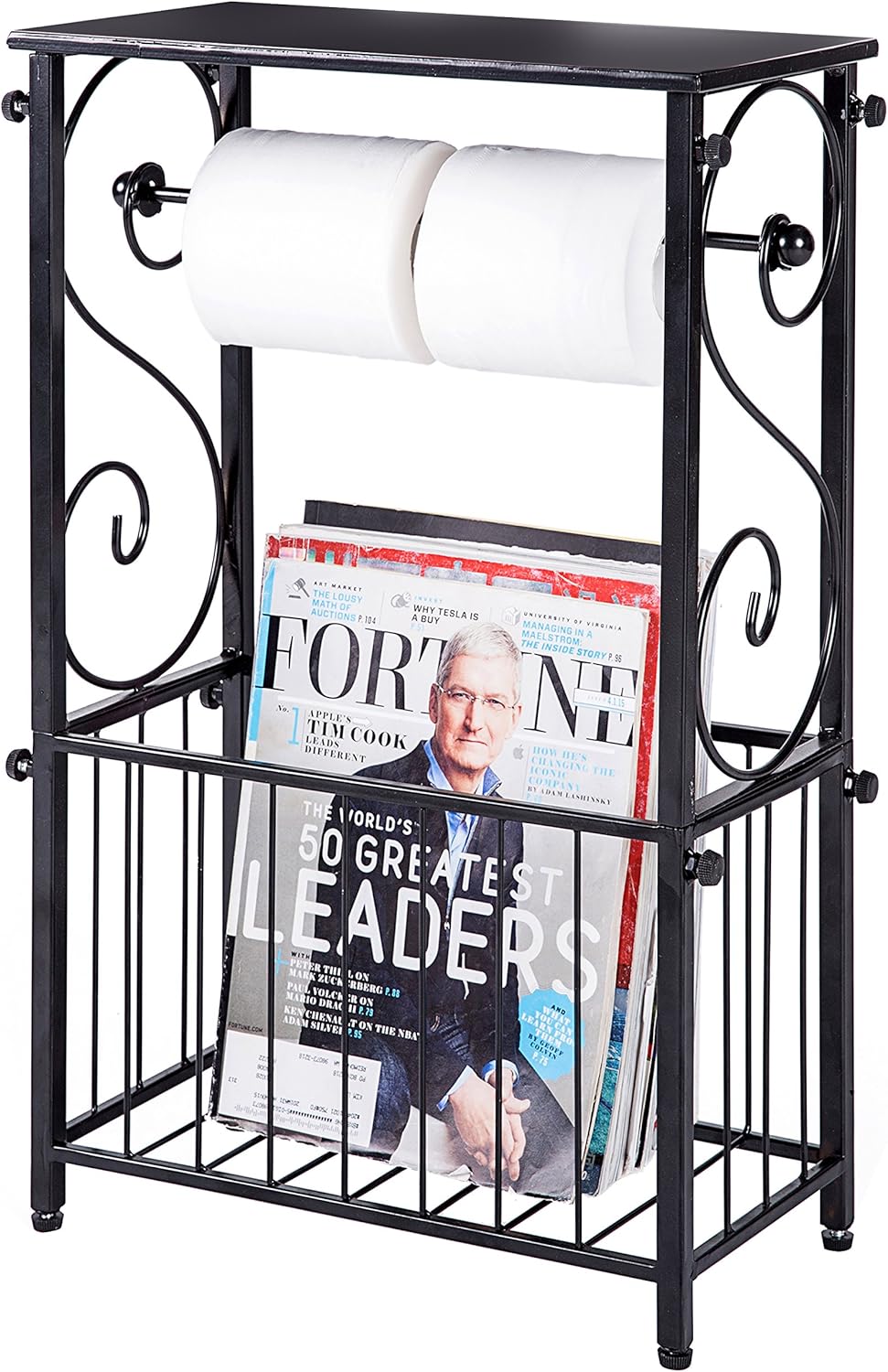 MyGift Black Metal Bathroom Table Stand Storage Shelf with Dual Toilet Paper Holder, Magazine
