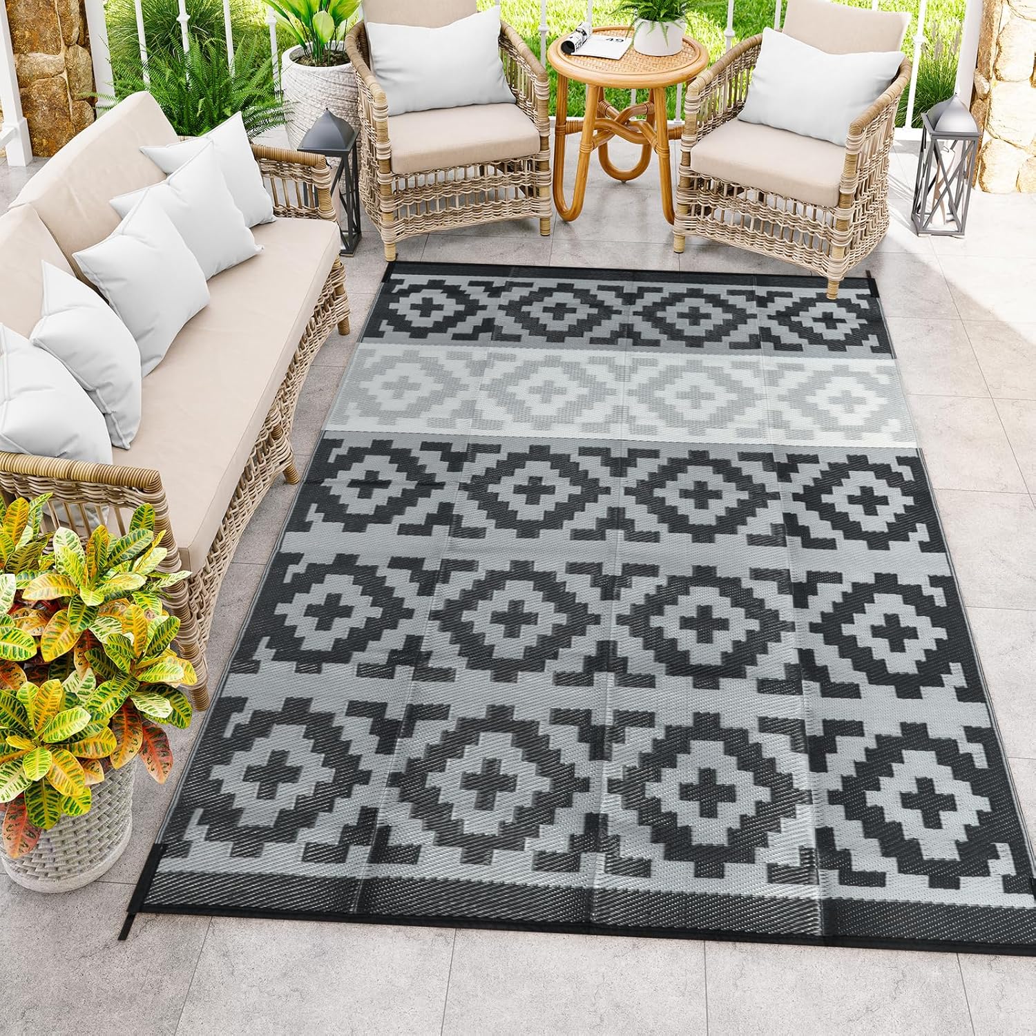 Anidaroel 6x9 Outdoor Rugs for Patios Clearance, Waterproof Reversible Plastic Straw Outside Area Rug, Camping Rugs for Outside RV, Large Outdoor Area Rug for Porch, Backyard (Black&Gray,6‘x9')