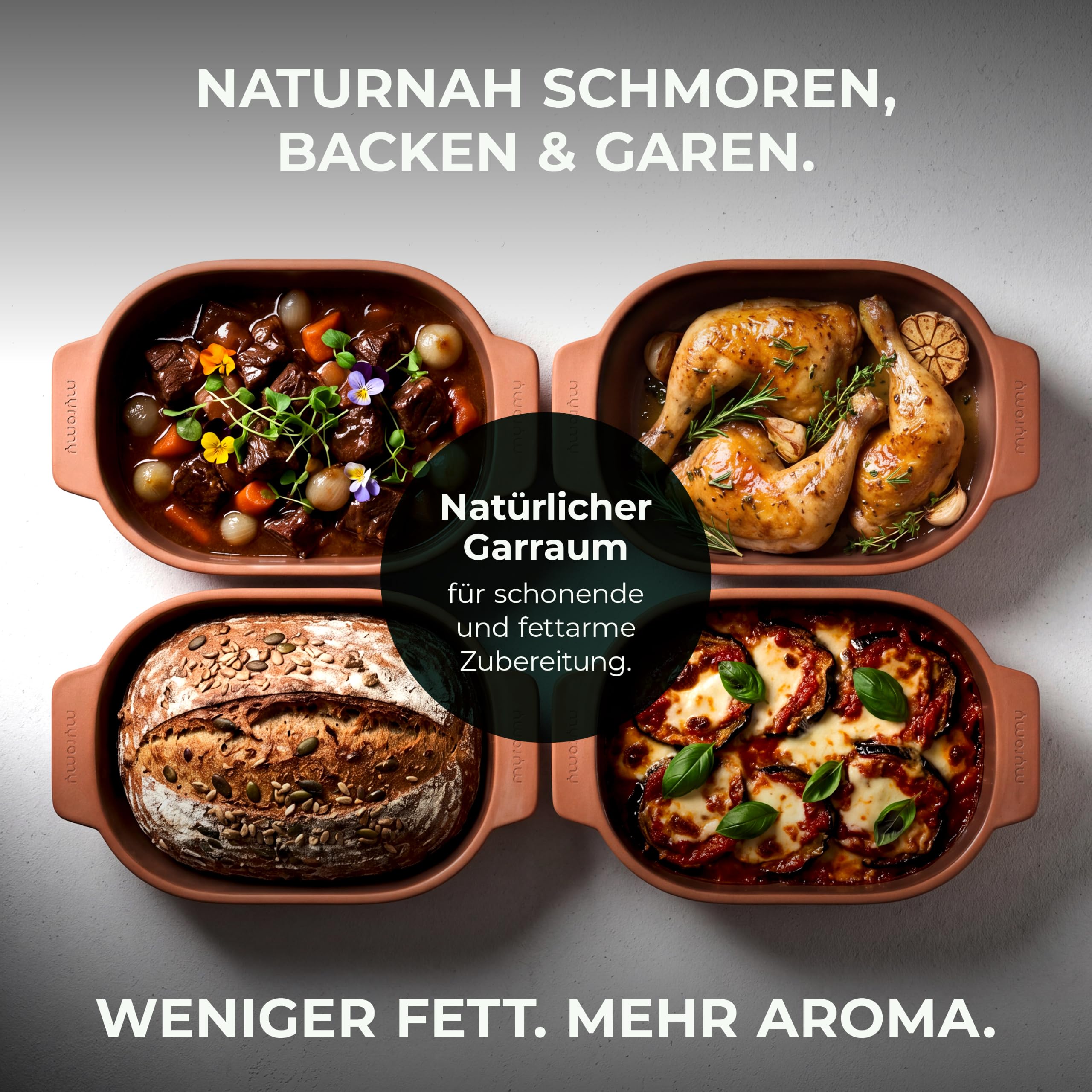 myromy® Multi-Bräter 3,5 L Keramik – Brotbackform Medium | Leer vorheizbar für starken Ofentrieb – 2 Bräter passen nebeneinander in den Backofen, leichter als Gusseisen