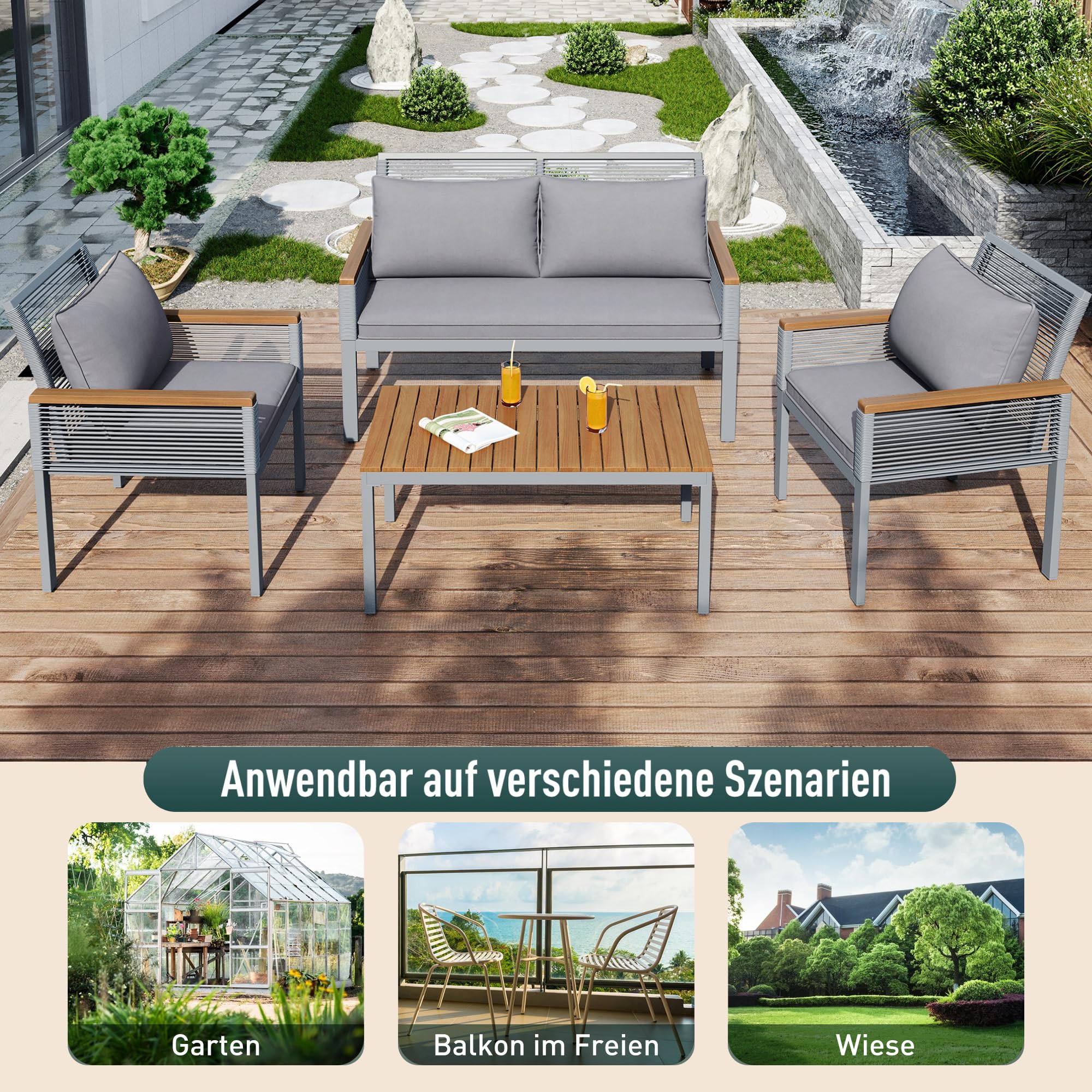 Conjunto jardín Exterior de ratán, Mueble de Jardín 4 Piezas, Conjunto Terraza de Muebles de balcón Lounge para 4 Personas, Exterior Muebles de Patio con sofá Doble, 2 sillones y Mesa (Gris)