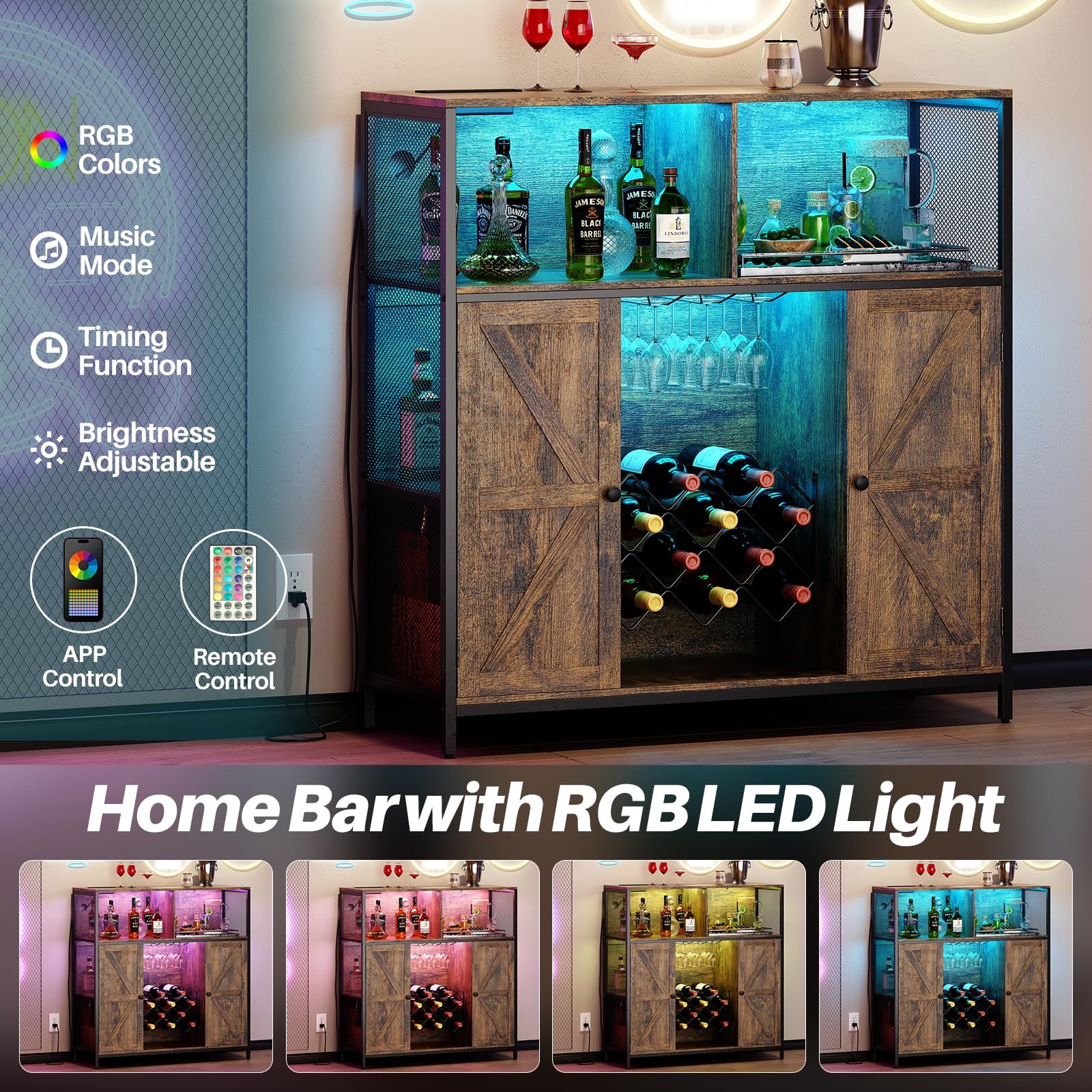 Armadietto per vino con presa di ricarica, 6 scomparti, stile vintage, con luce LED, 108 x 39 x 111 cm, armadio da cucina e credenza con portabottiglie in metallo, buffet per cucina, soggiorno